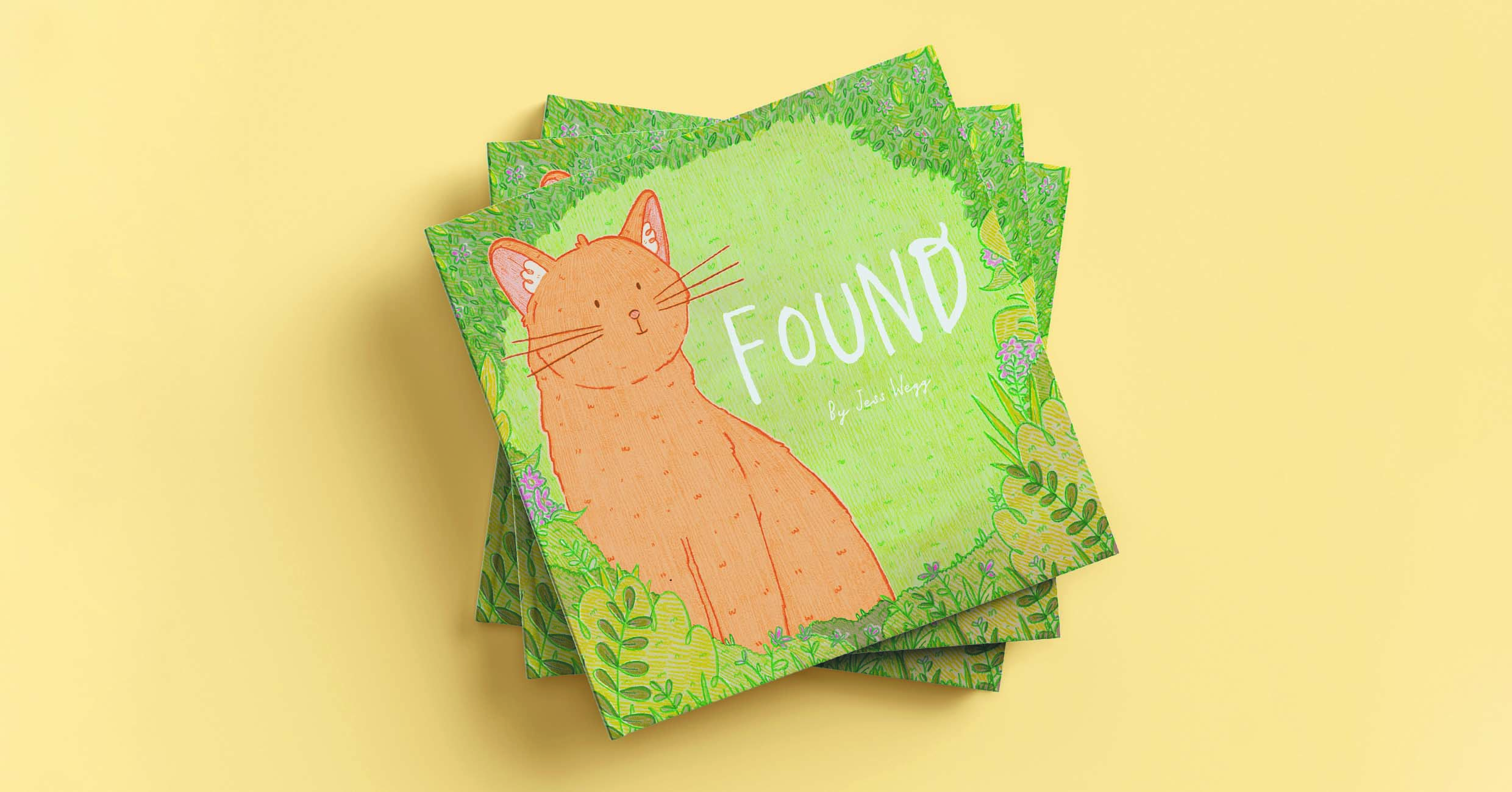 Digital mock-up of a picture book cover containing a cat and greenery.