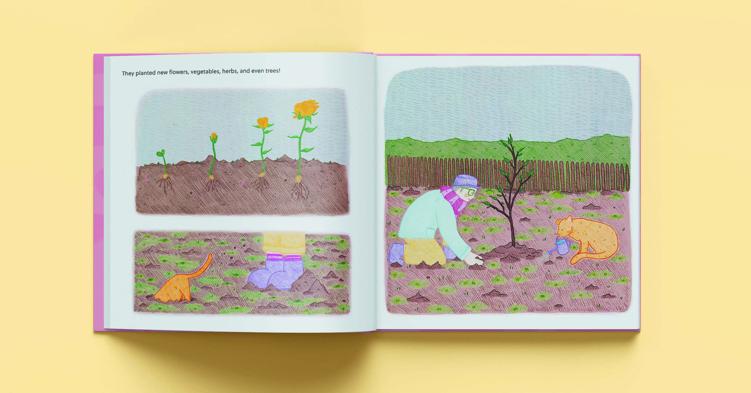Digital mock-up of the inside pages of a picture book, containing the Cat and Old Man rebuilding a garden and planting a tree.