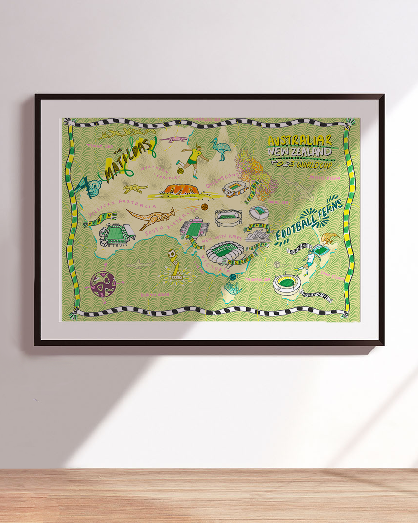 A poster on a wall, picturing a football themed map of Australia and New Zealand. Illustrated by Jessie Barrett.
