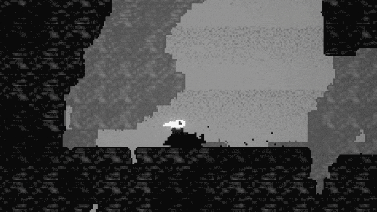 Animated GIF of a black and white bird-like character, standing in a monochromatic, dark and shifting world; from the game Bone To Pick by Jevon Brandow.