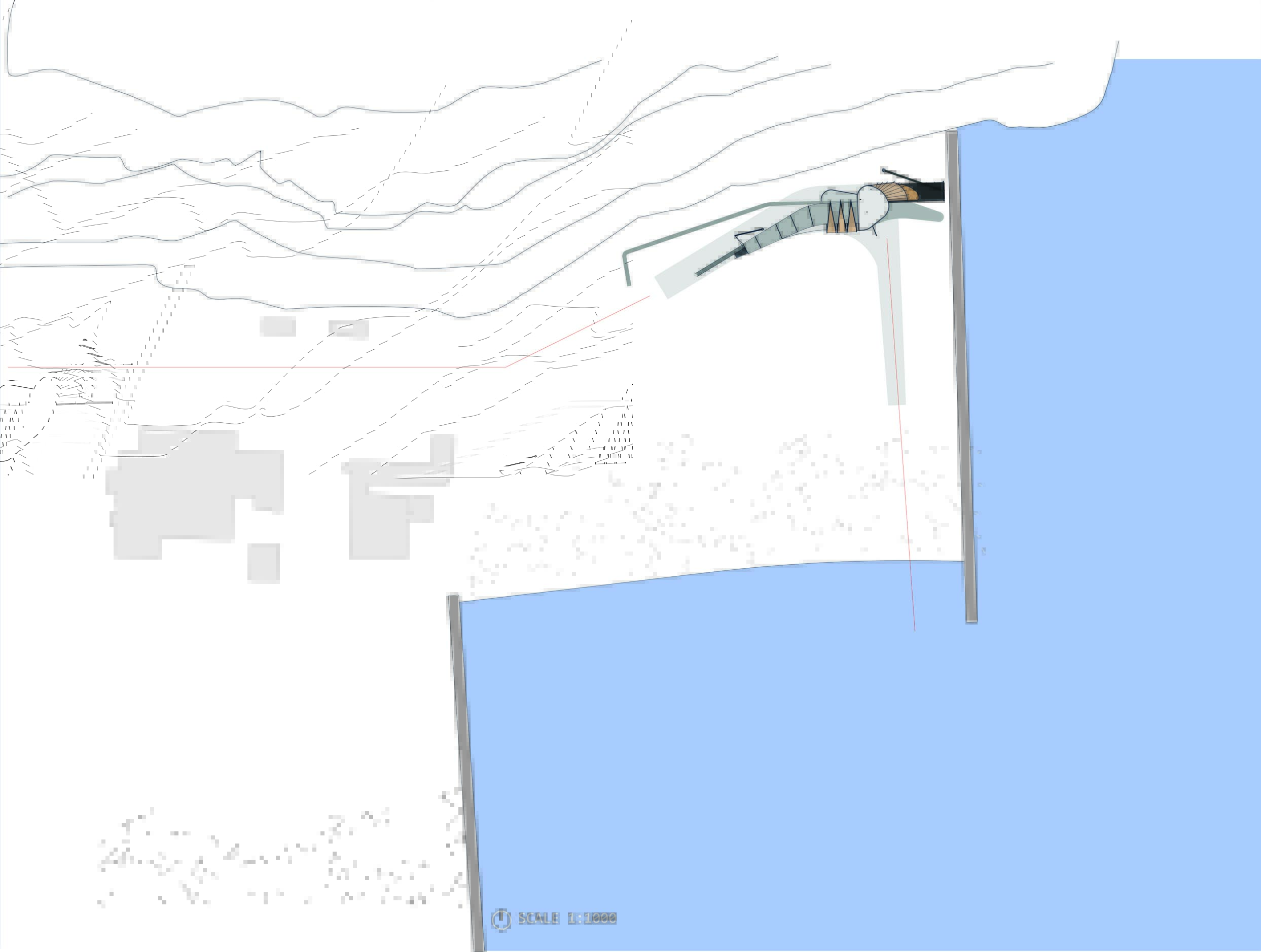 Image of an architectural plan, showing the relationship with the surrounding roads along with sea access and views.