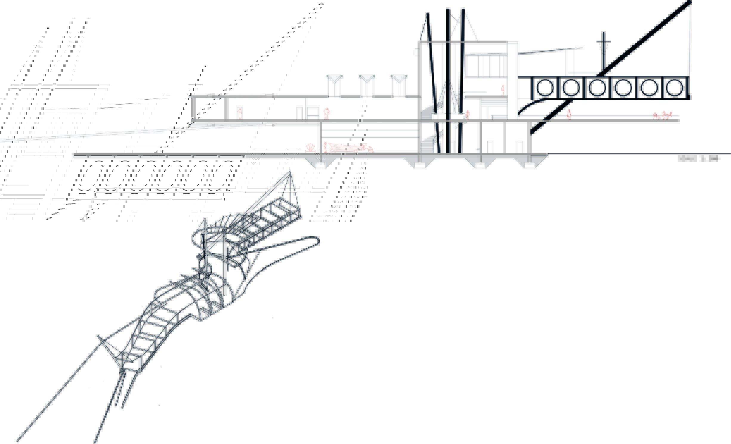 Drawing showing a section across the design along with the buildings steel skeleton structure. The main structural elements of the building.