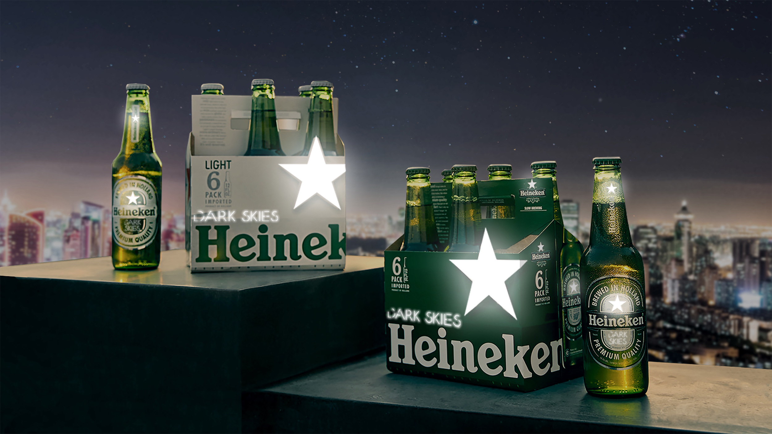 Heineken will conceal the star from their packaging, which will reveal in the dark. They will also black out billboards across the world, raising awareness of light pollution.