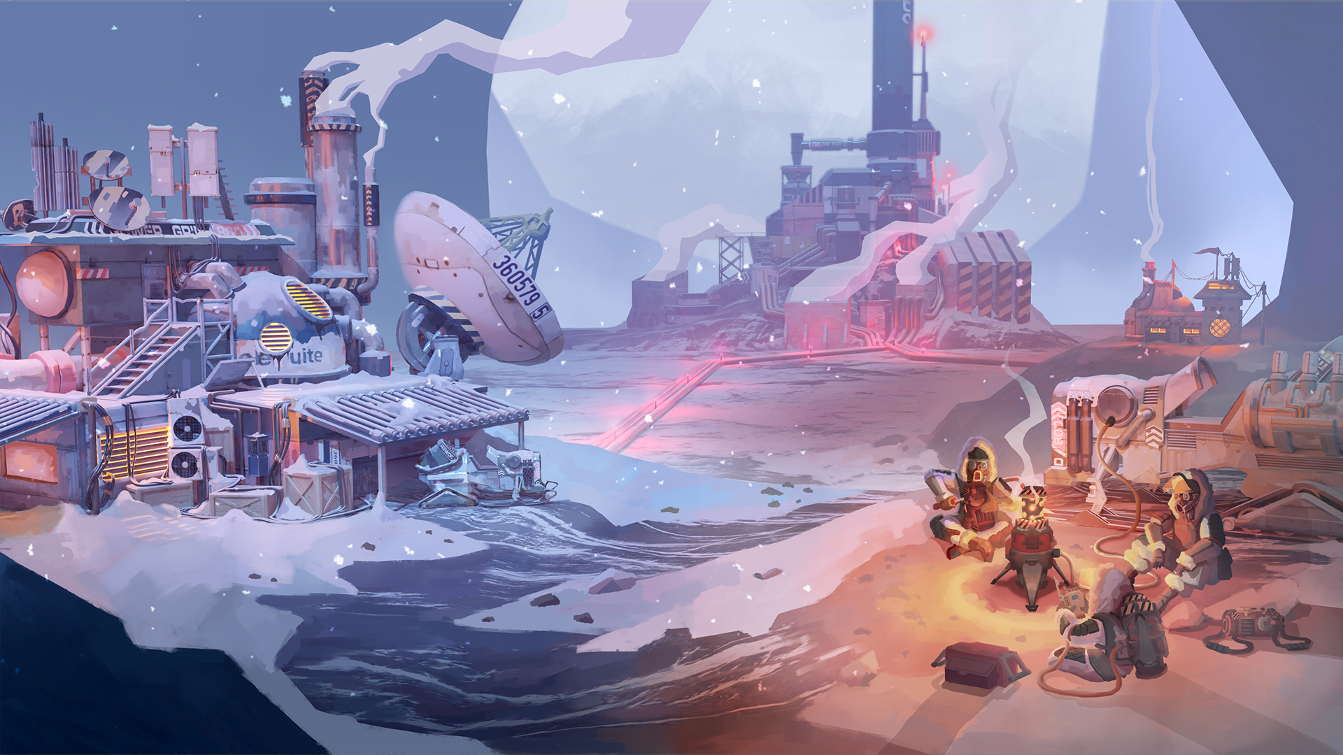 A keyframe painting depicting a vast snowy landscape scattered with industrial buildings and a group of engineers taking a break in the foreground.