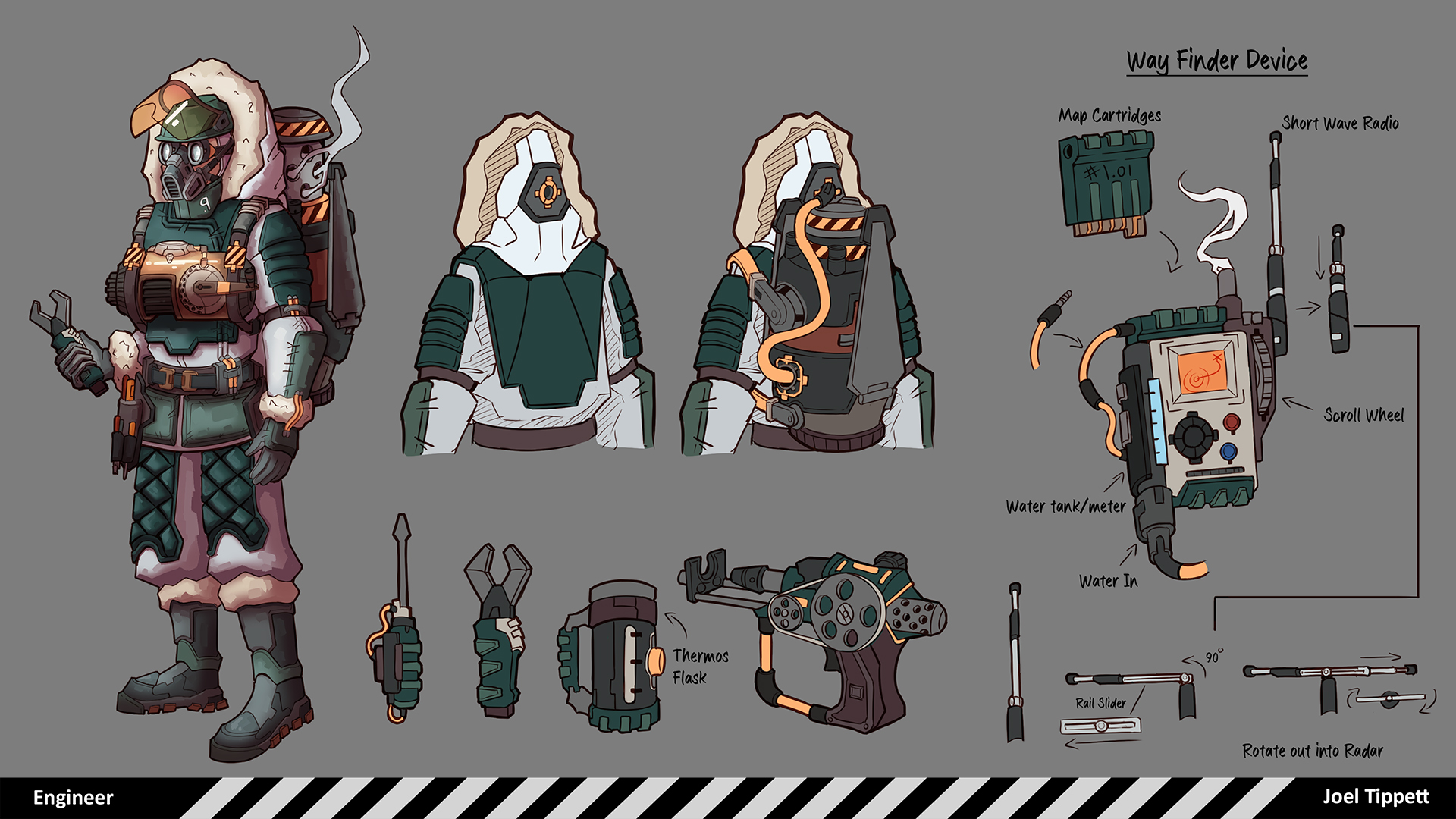 A character concept sheet depicting an engineer design equipped with a thermal suit for cold environments and a set of tools use in their day to day work.