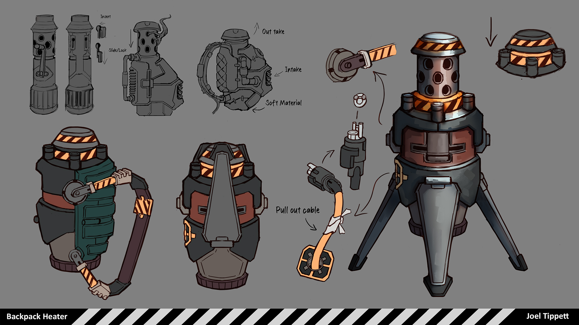 A concept sheet that depicts a backpack heater device with turn around views and breakouts of how it functions.