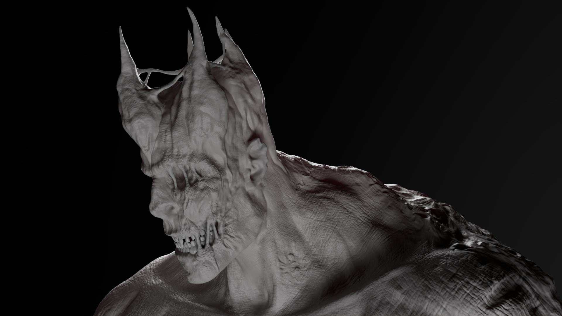 Up close render of the a 3D sculpt, focusing on crown's details and showcasing facial disfigurements made to the character due to the crown's effects.