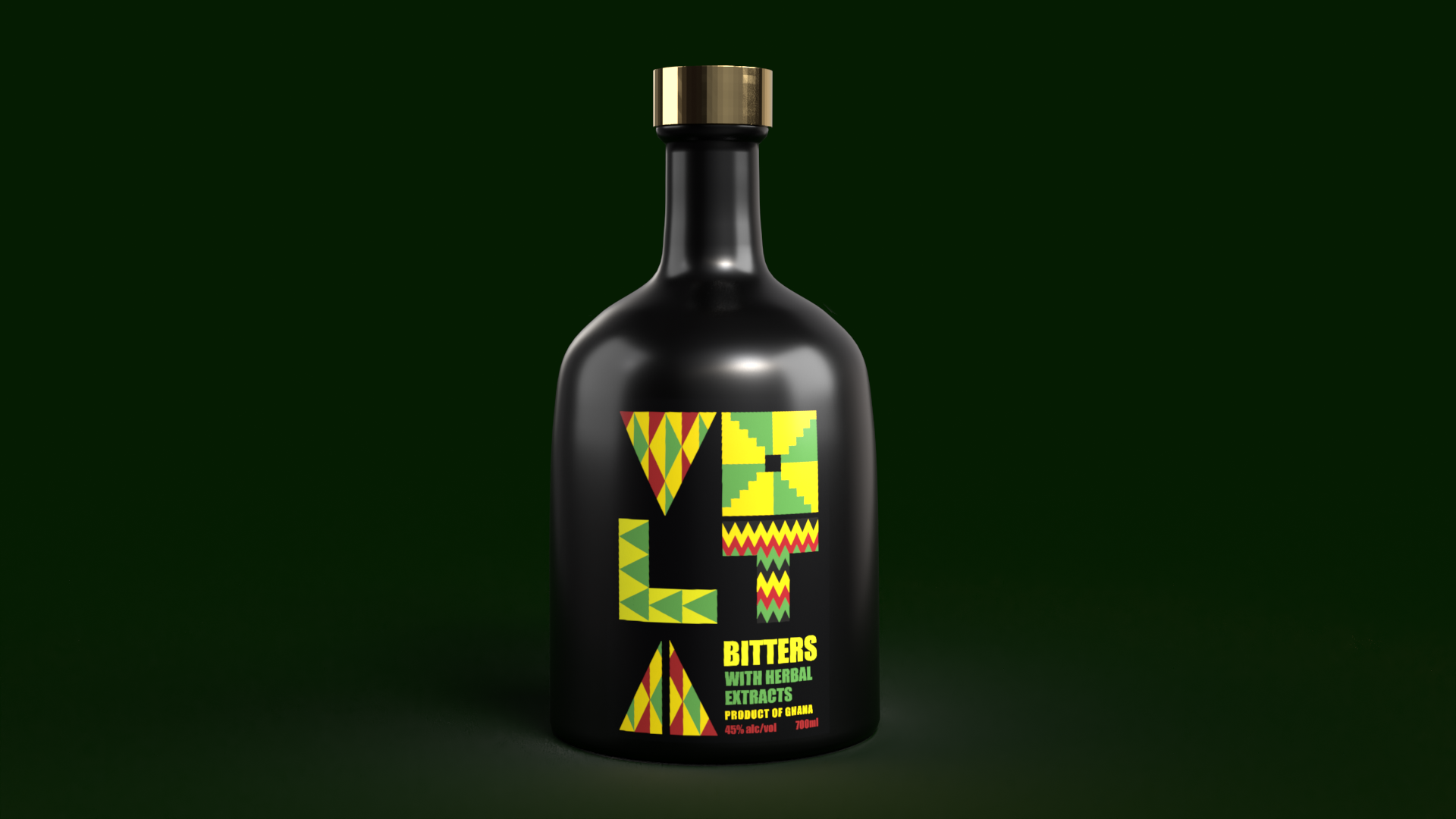 Packaging for a spirit brand by Joseph Tamakloe-Bonaca on the spirit bottle against black backdrop.