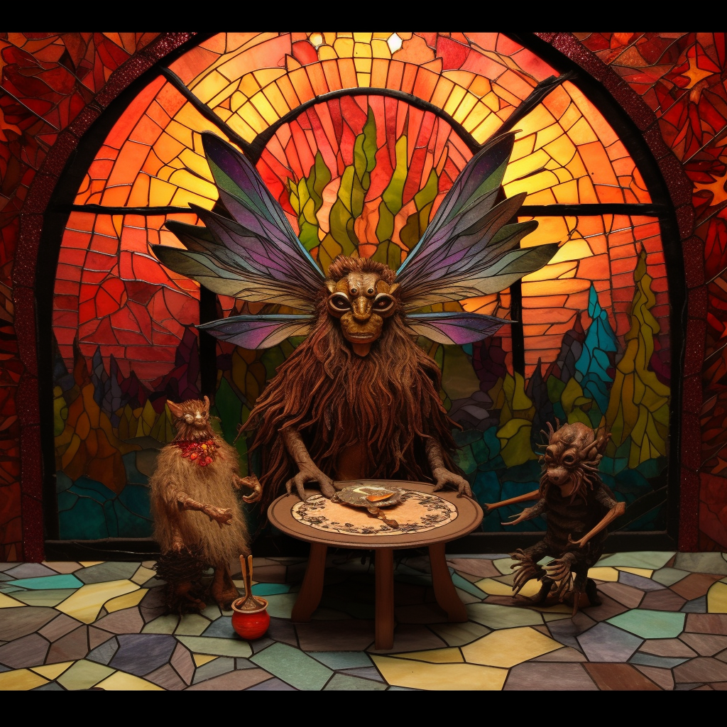 A surreal scene depicting three colourful monsters in a stained-glass room.