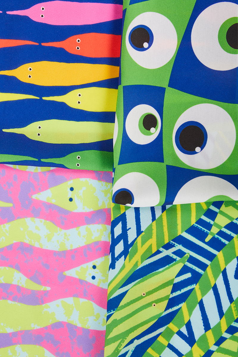 Four prints, with colourful worm motifs.