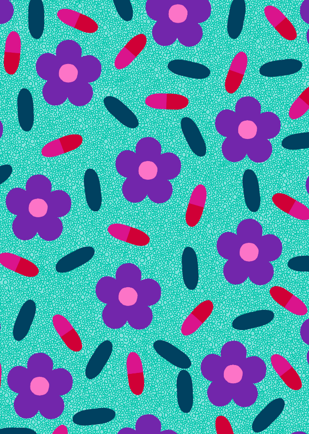 many pills and flower motiffs, background has a bubble effect.