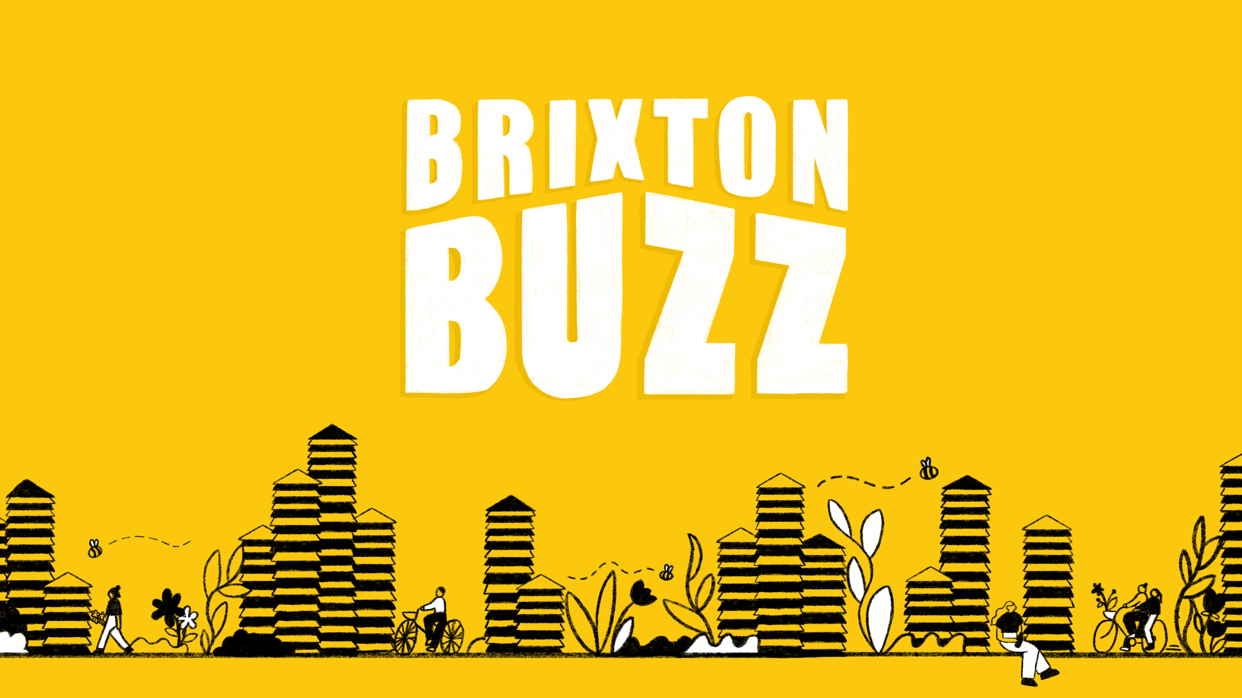 Logo and illustrations for Brixton Buzz, showing the cityscape made from beehives.