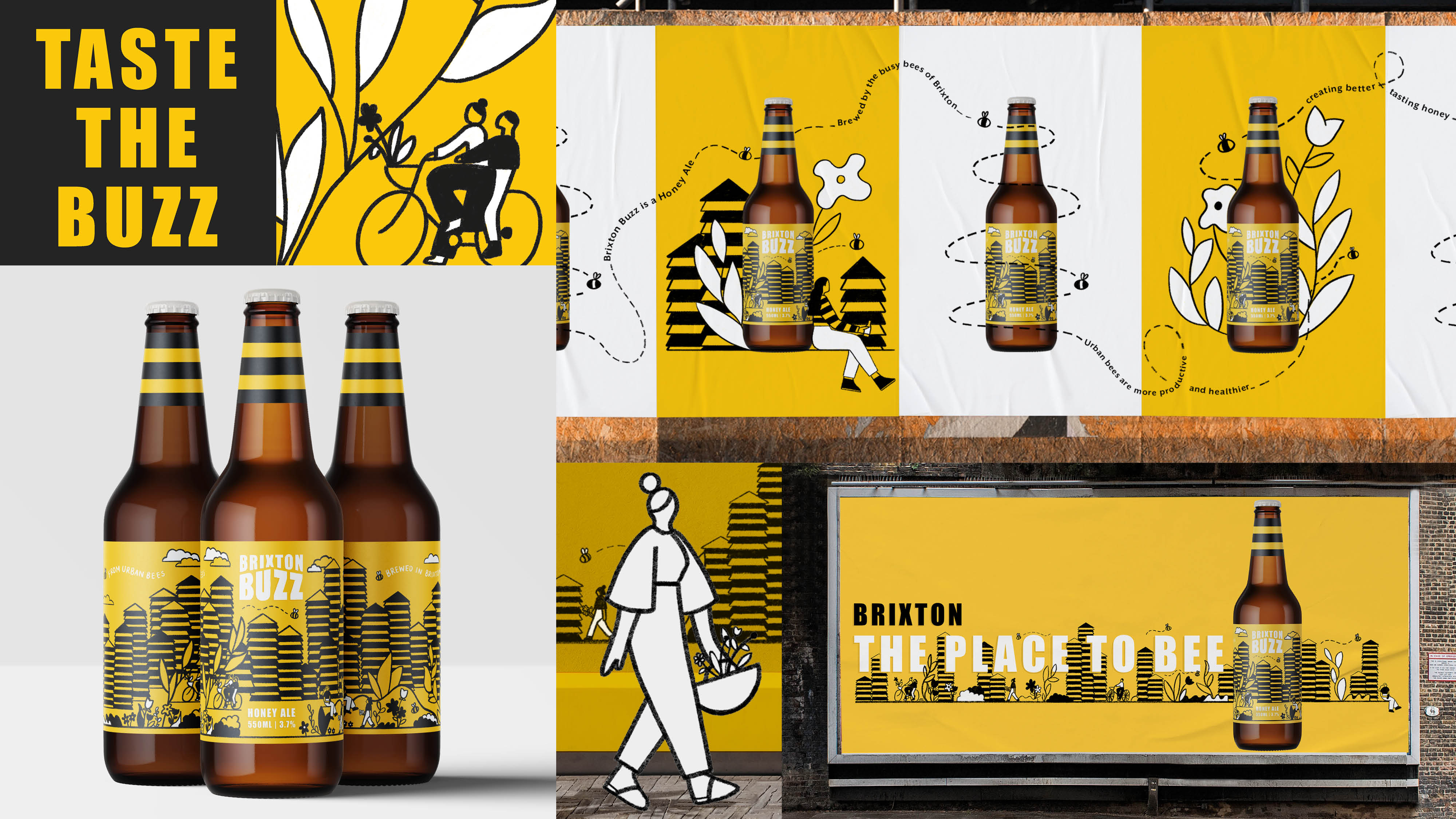 Various photos of the Brixton Buzz brand world, including bottle packaging, illustrations and forms of advertising.