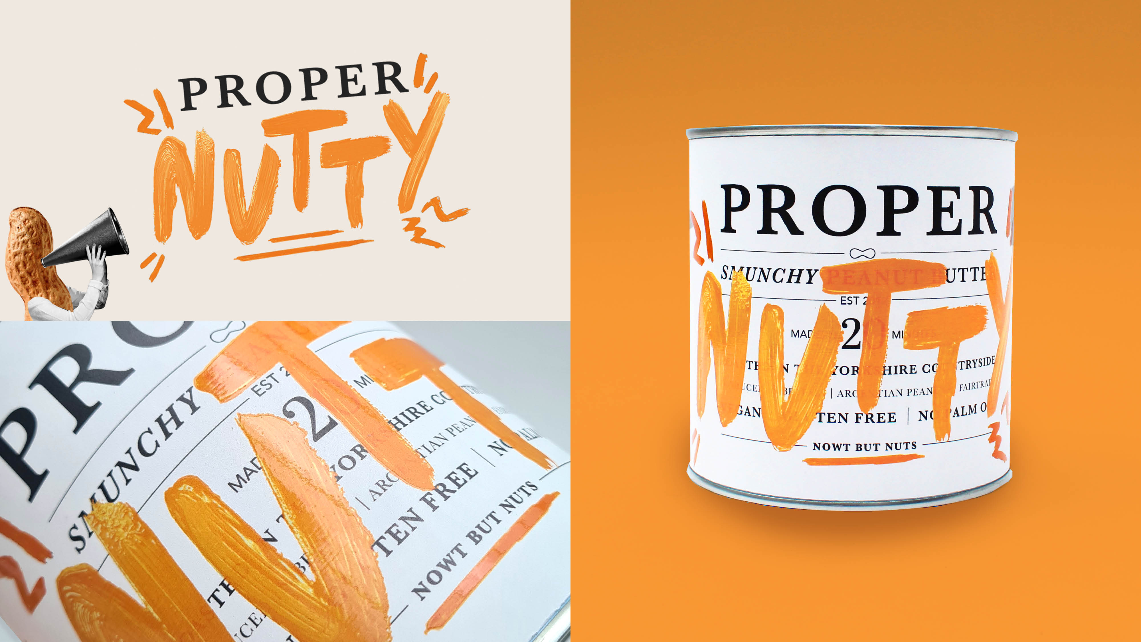 Proper Nutty peanut butter tin packaging, showcasing logo and spot varnish printing technique.
