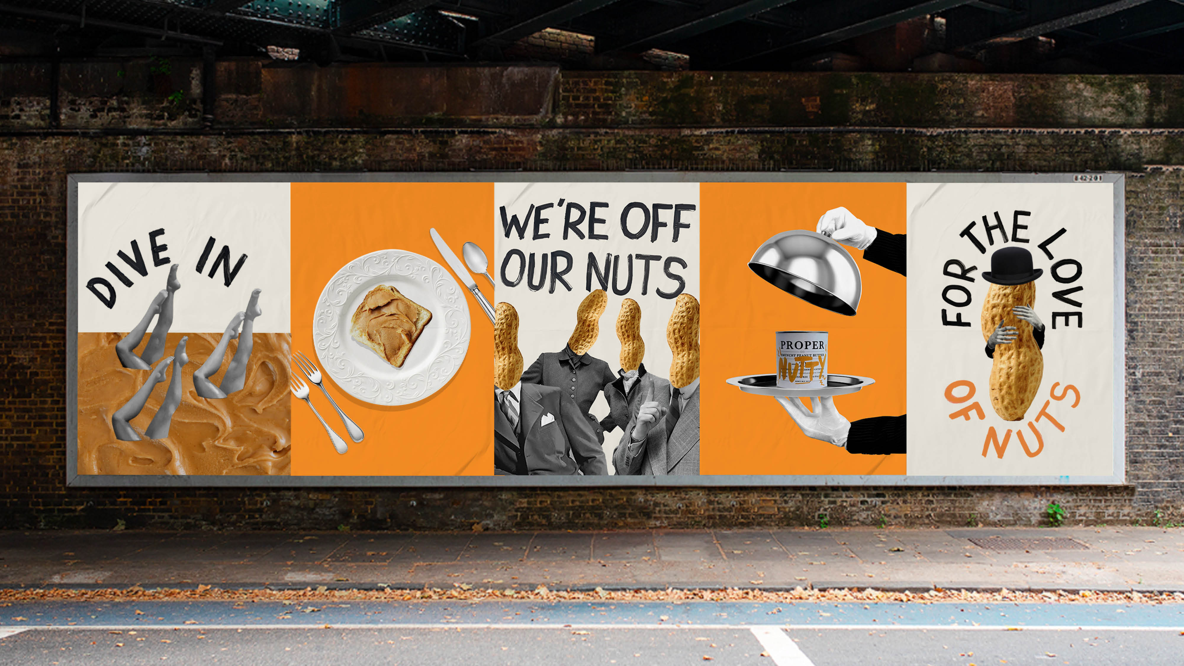 A range of Proper Nutty posters created in a surrealist collage style, to show the juxtaposition between 'proper' and 'nutty'.