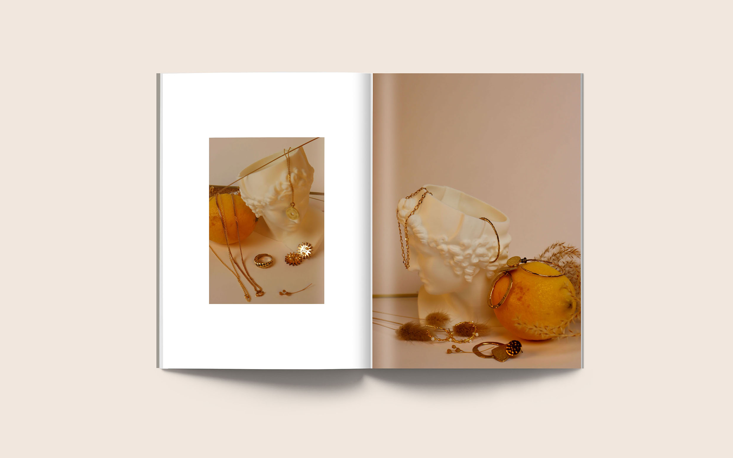 Coffee-table book mock-up by Katie Thompson showing editorial still-life jewellery imagery.