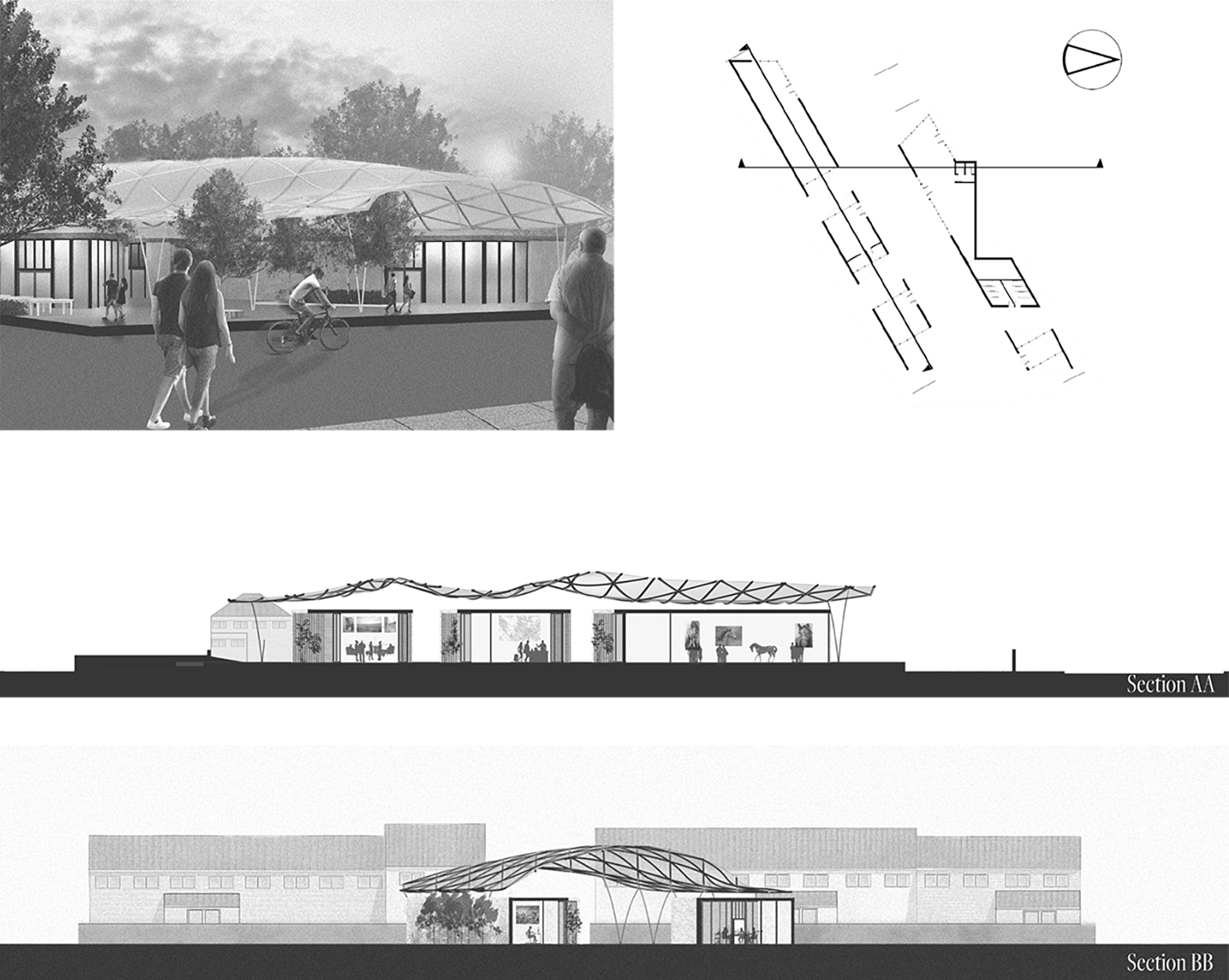 Row 1 from left to right: Architecture render showing the external view of the building at sunset with people walking in the street, Key plan showing section cut lines. Row 2: Architecture section showing people walking within the building. Row 3: Architecture section showing people walking within the building.