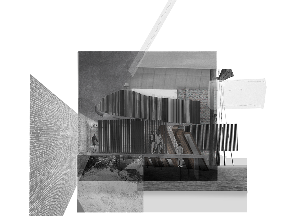 A collage with materiality that represents an old pumping station with a timber slatted mezzanine above the ground floor and and an elevated walkway splitting up the ground floor.
