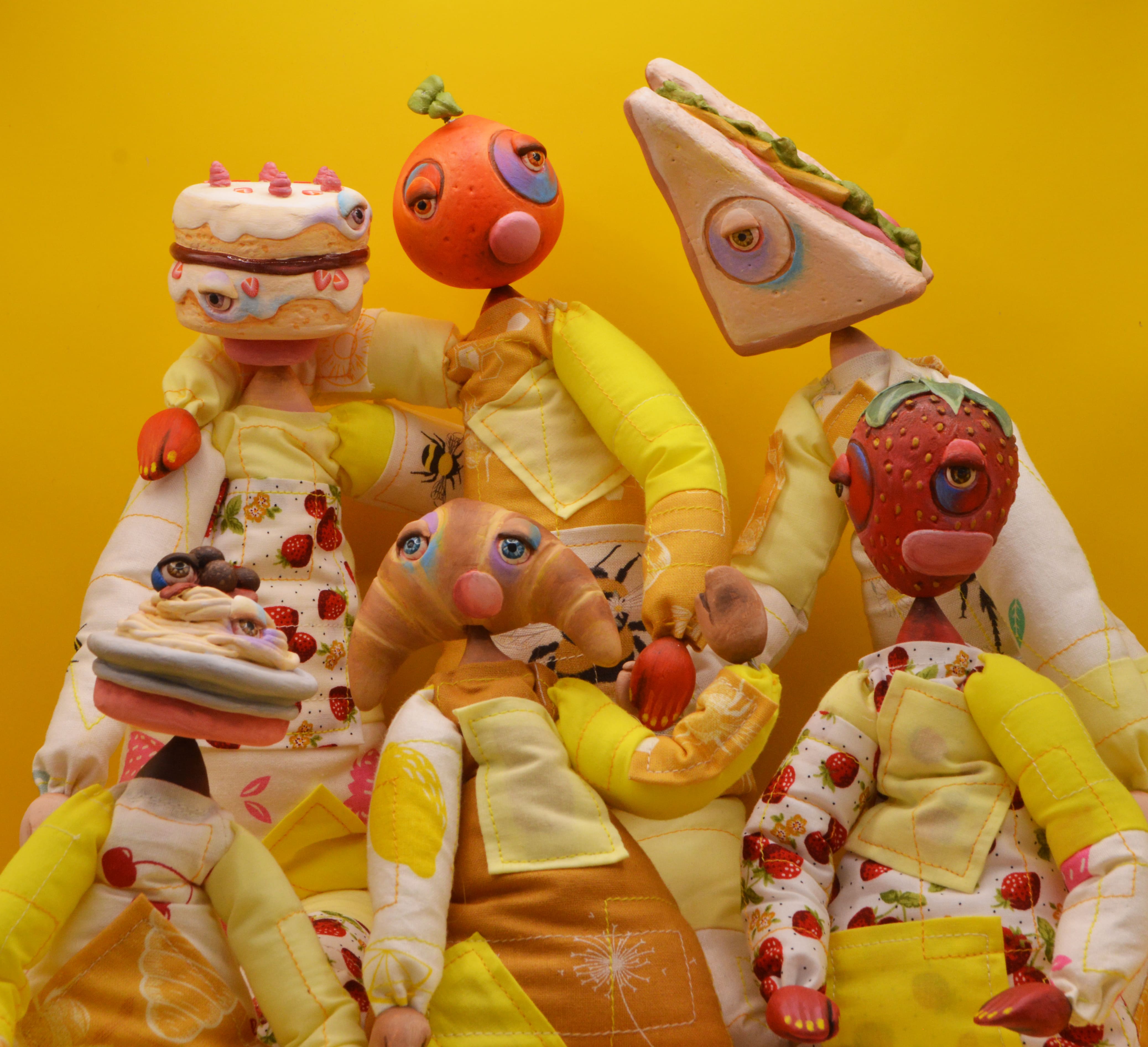 Fine Art work by Kimberley Gaskin showing colourful food themed dolls with patchwork bodies.