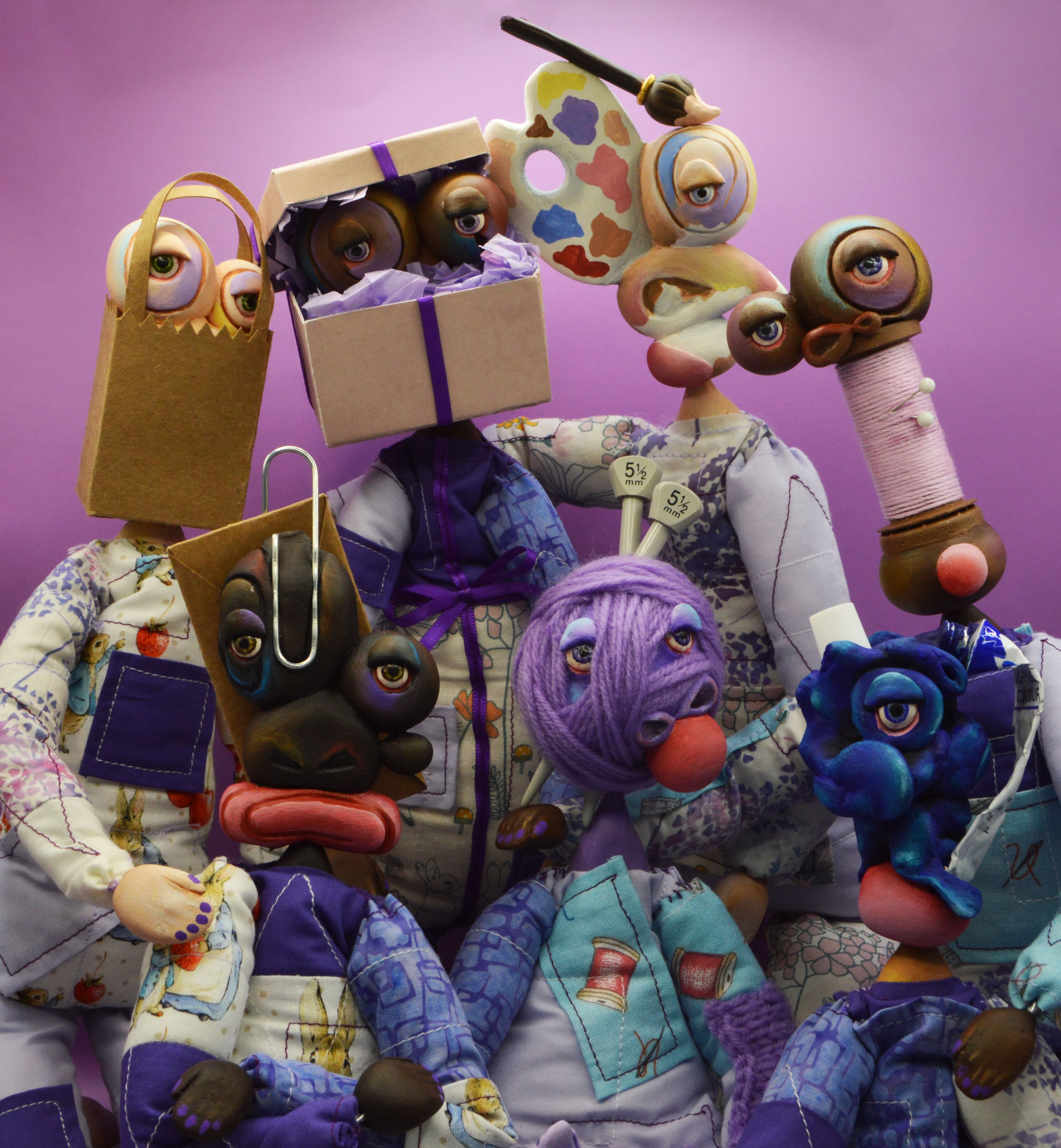 Fine Art work by Kimberley Gaskin showing arts and crafts themed dolls with patchwork bodies.