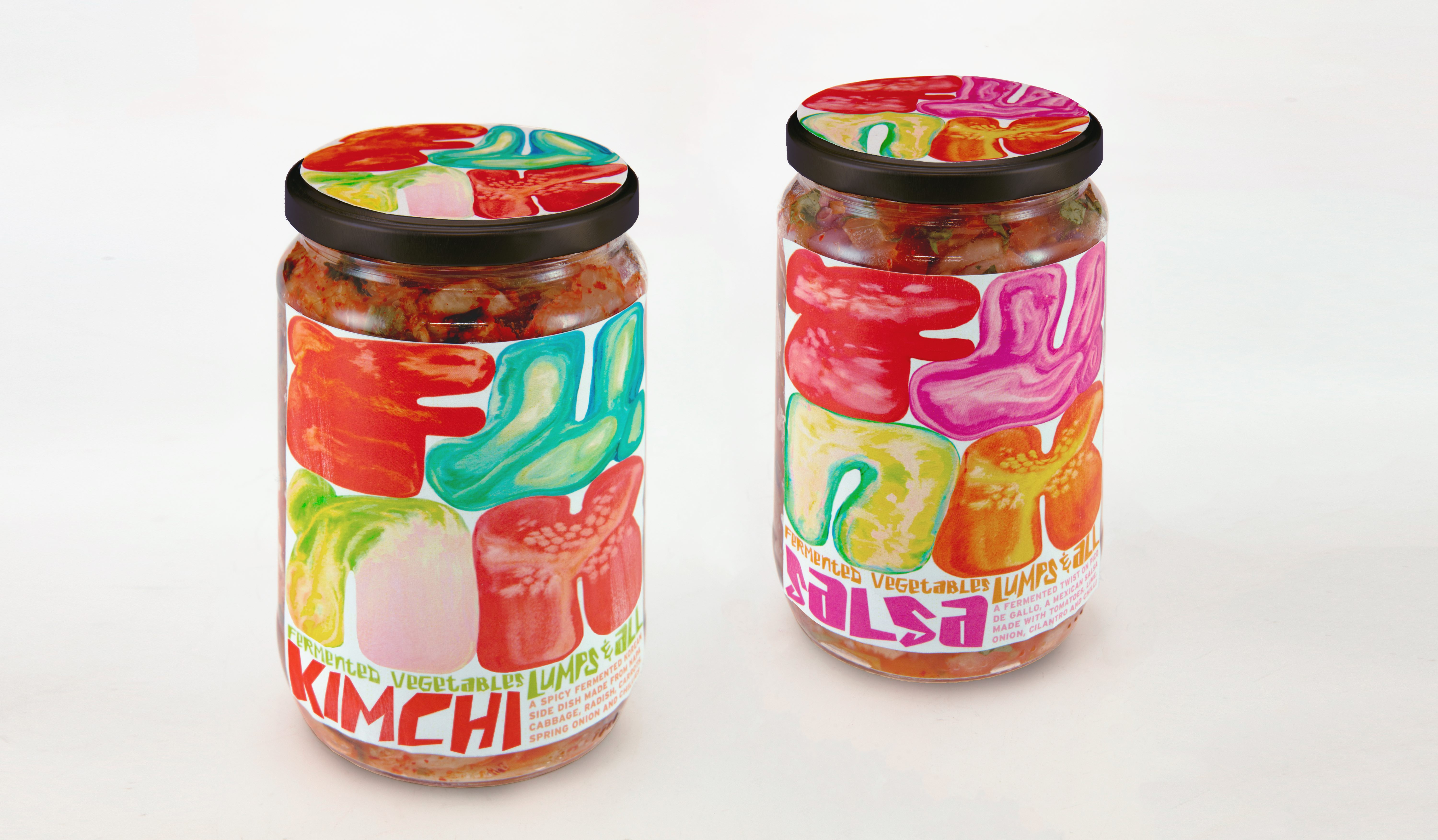 Colourful packaging design by Kimberly Rodrigues for a fermented vegetable brand mocked up onto jars. Funk typography is main focus, colourful, rounded with 'fu' on top line and 'nk' on bottom line.