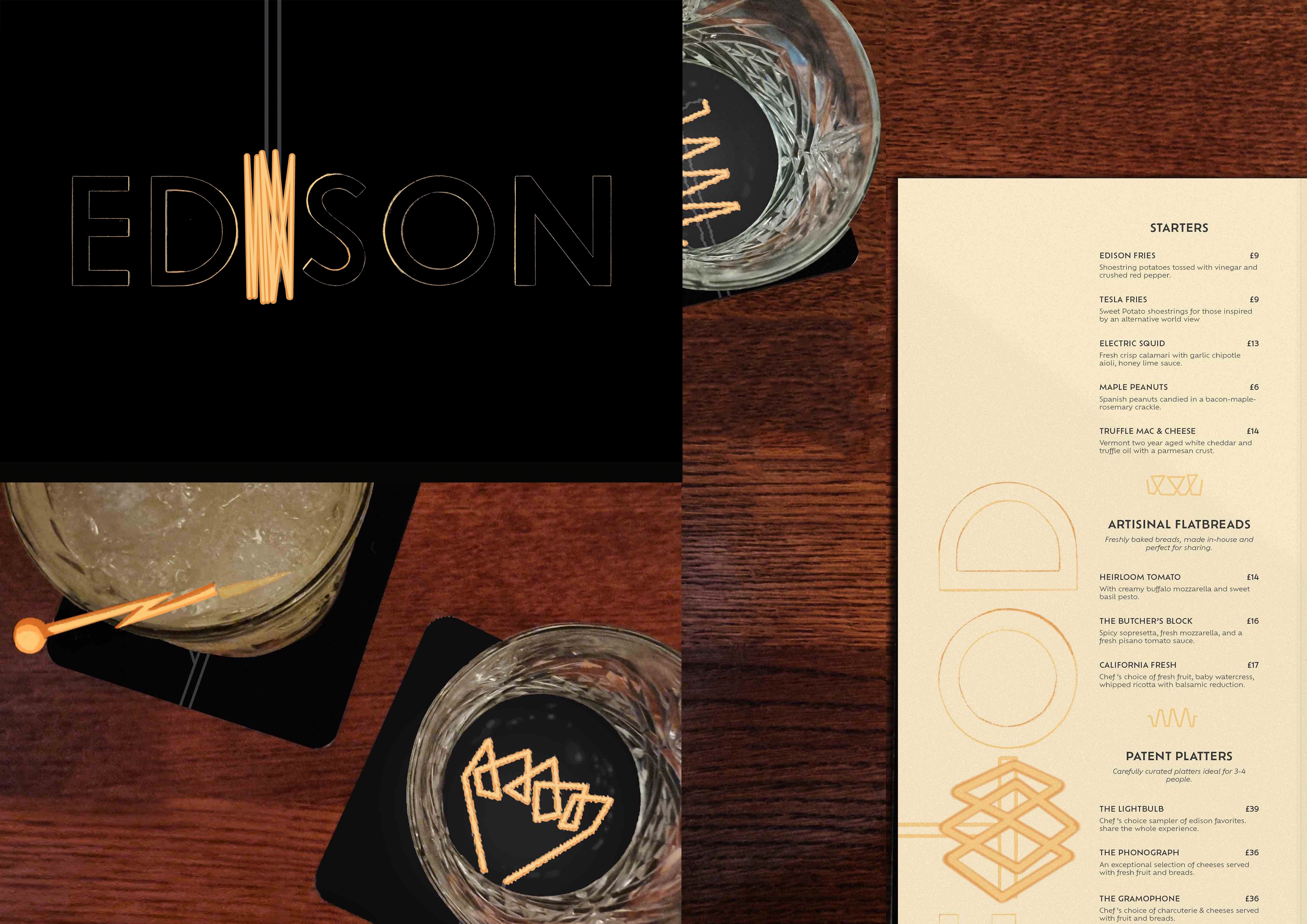 Visual Identity by Kimberly Rodrigues for a restaurant and bar mocked up onto coasters and menu as well as a logo design.