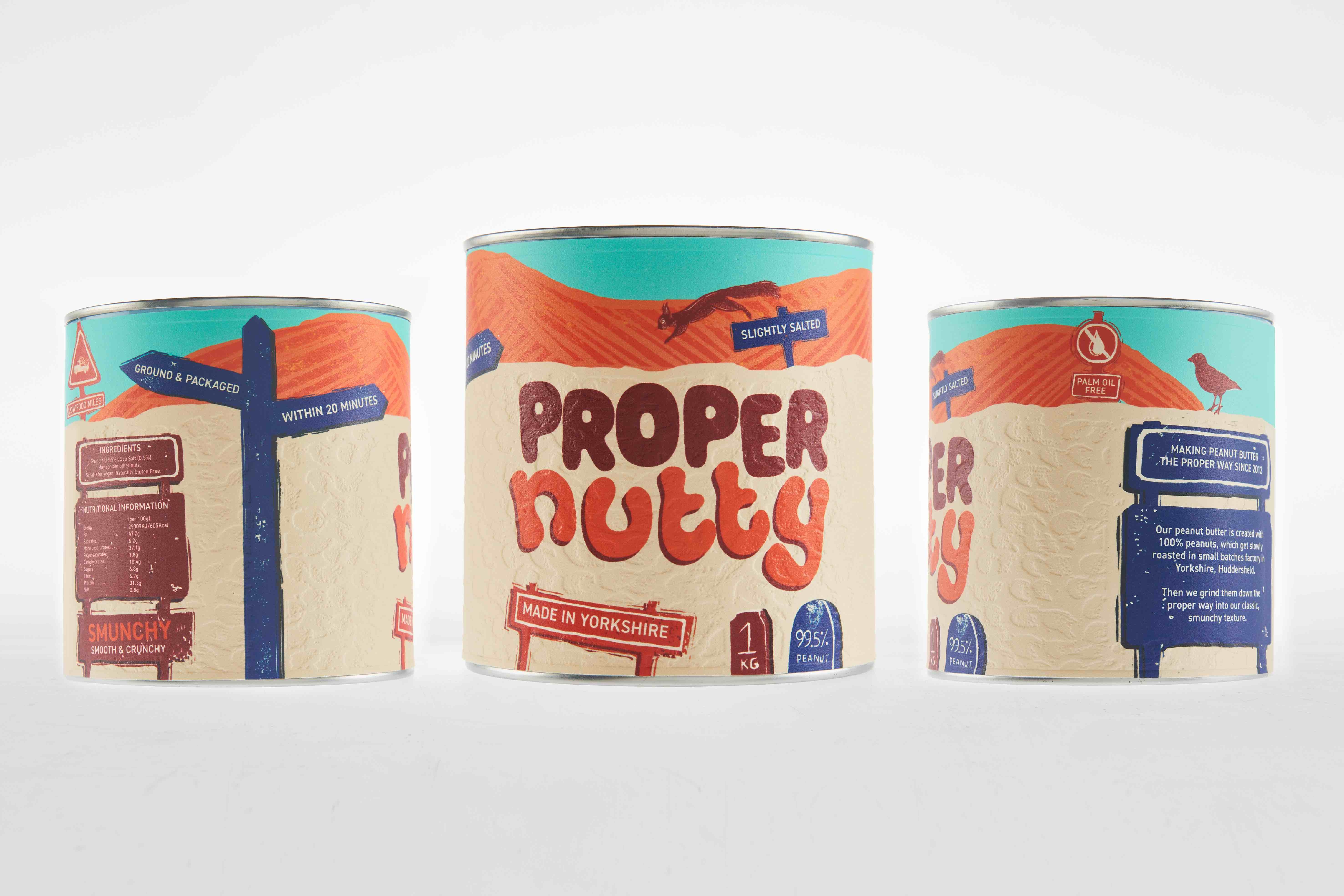 Packaging design by Kimberly Rodrigues for a Yorkshire based peanut butter brand. Mocked up onto a tub, illustration included 'proper nutty' text and signage with information on.