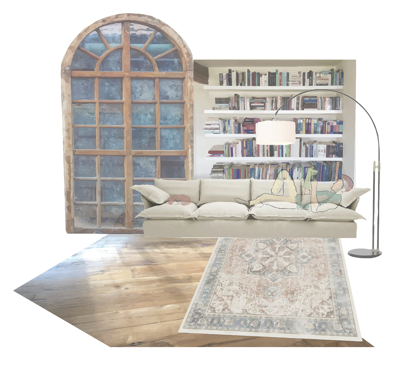Creme sofa in an old factory living room with bookcase being and large arge window and rug underneath.