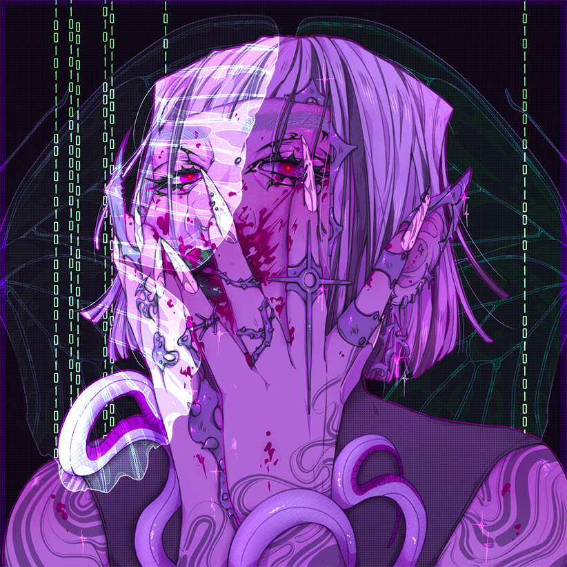 A digitally illustrated portrait of a purple coloured character from a project titled CYBERHEAVEN by Ksenia Bogdanova
