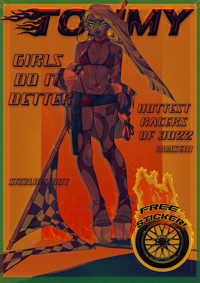 An illustrated racing poster featuring a posed character holding a chequered racing flag with the title 'Tommy'