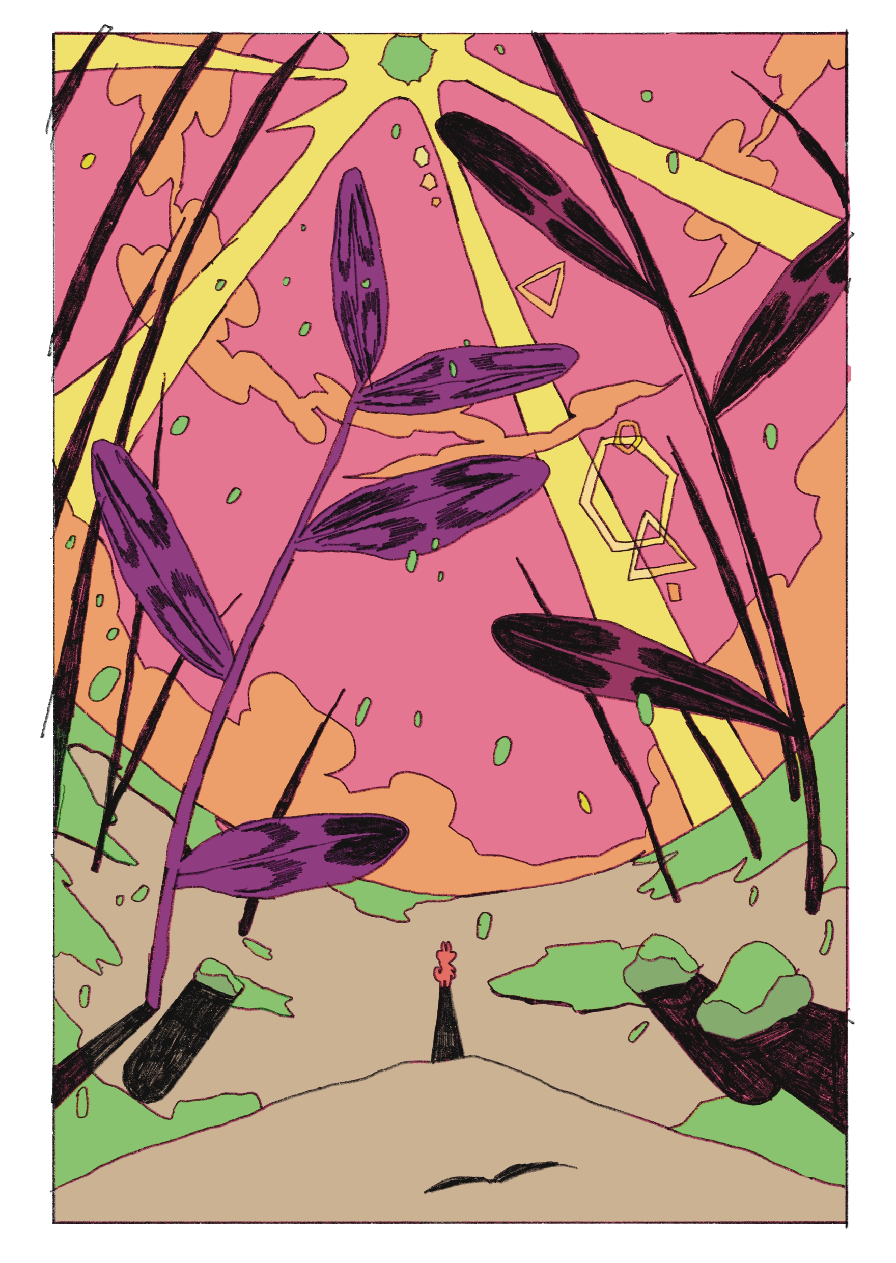 Digital illustration showing a small ant staring up at a pink sky.