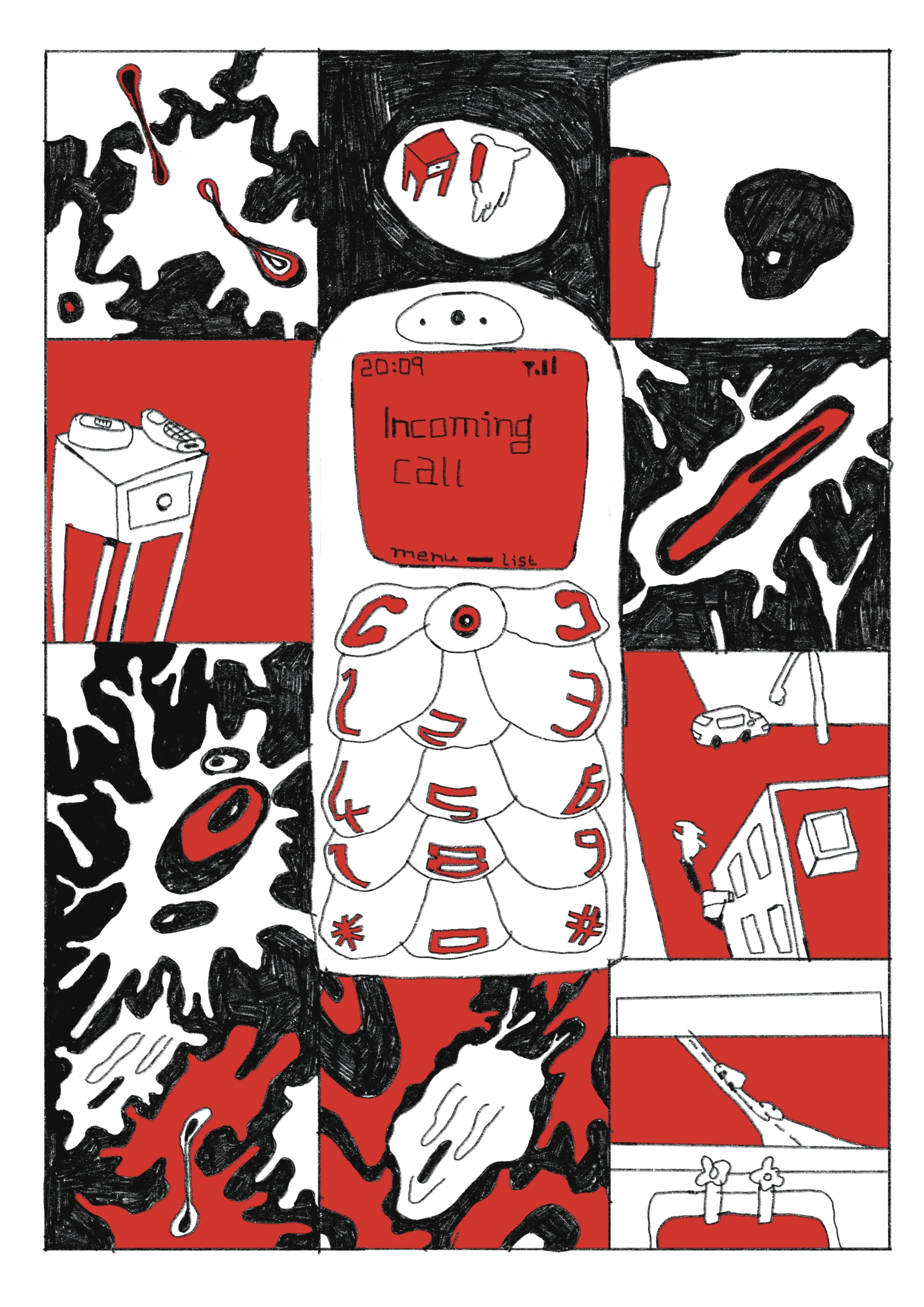 Digital illustration of phone ringing in red, black and white panels.