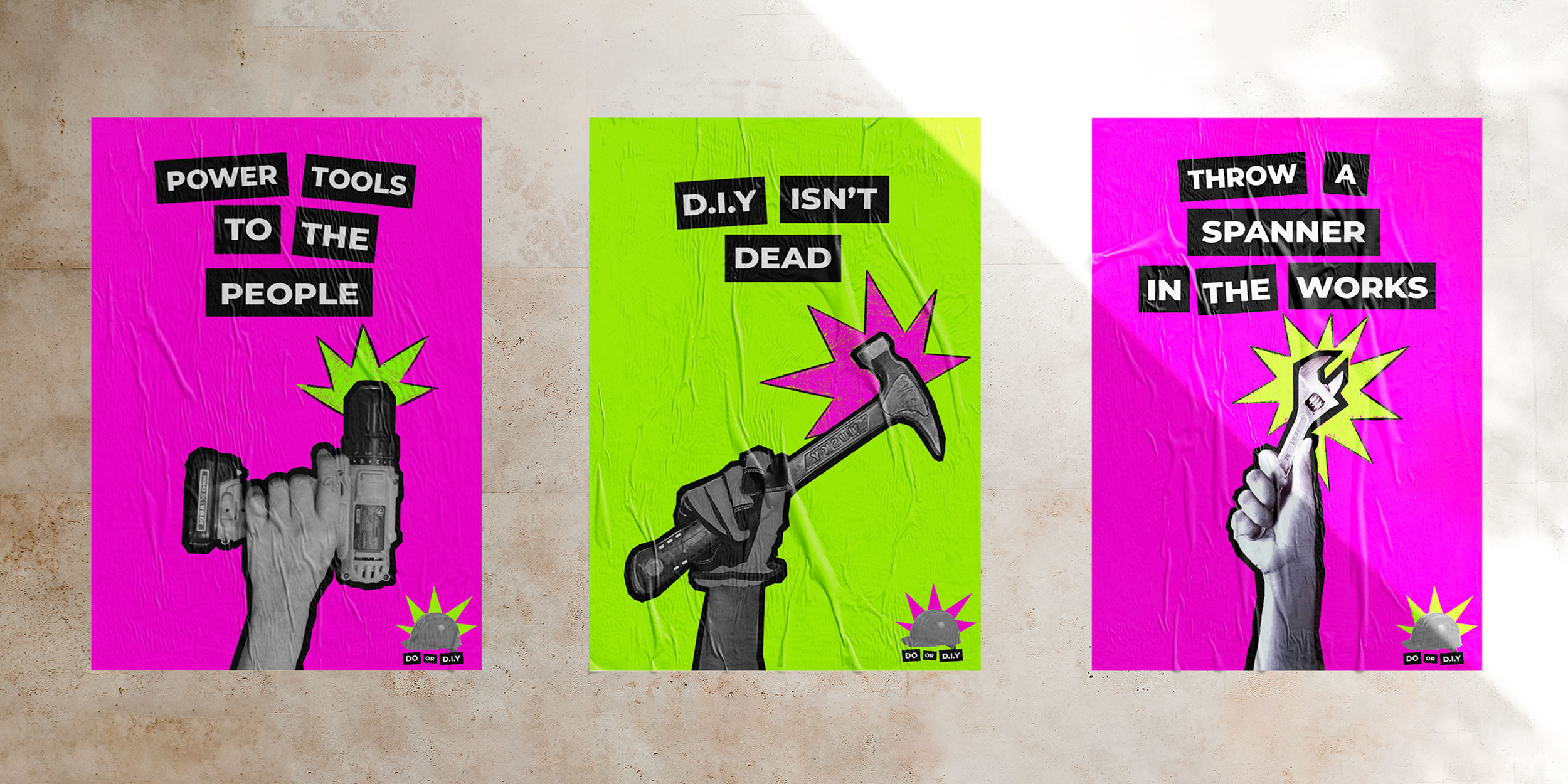 A set of 3 brightly coloured posters, featuring collaged Hardware tools and punk slogans.