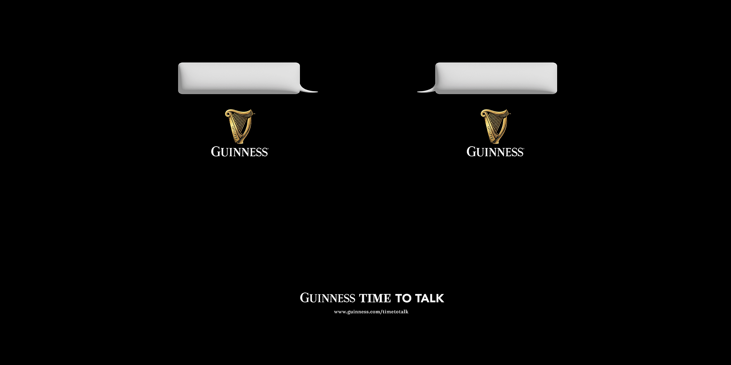 A black background with two speech bubbles positioned to look like the head on a pint of Guinness