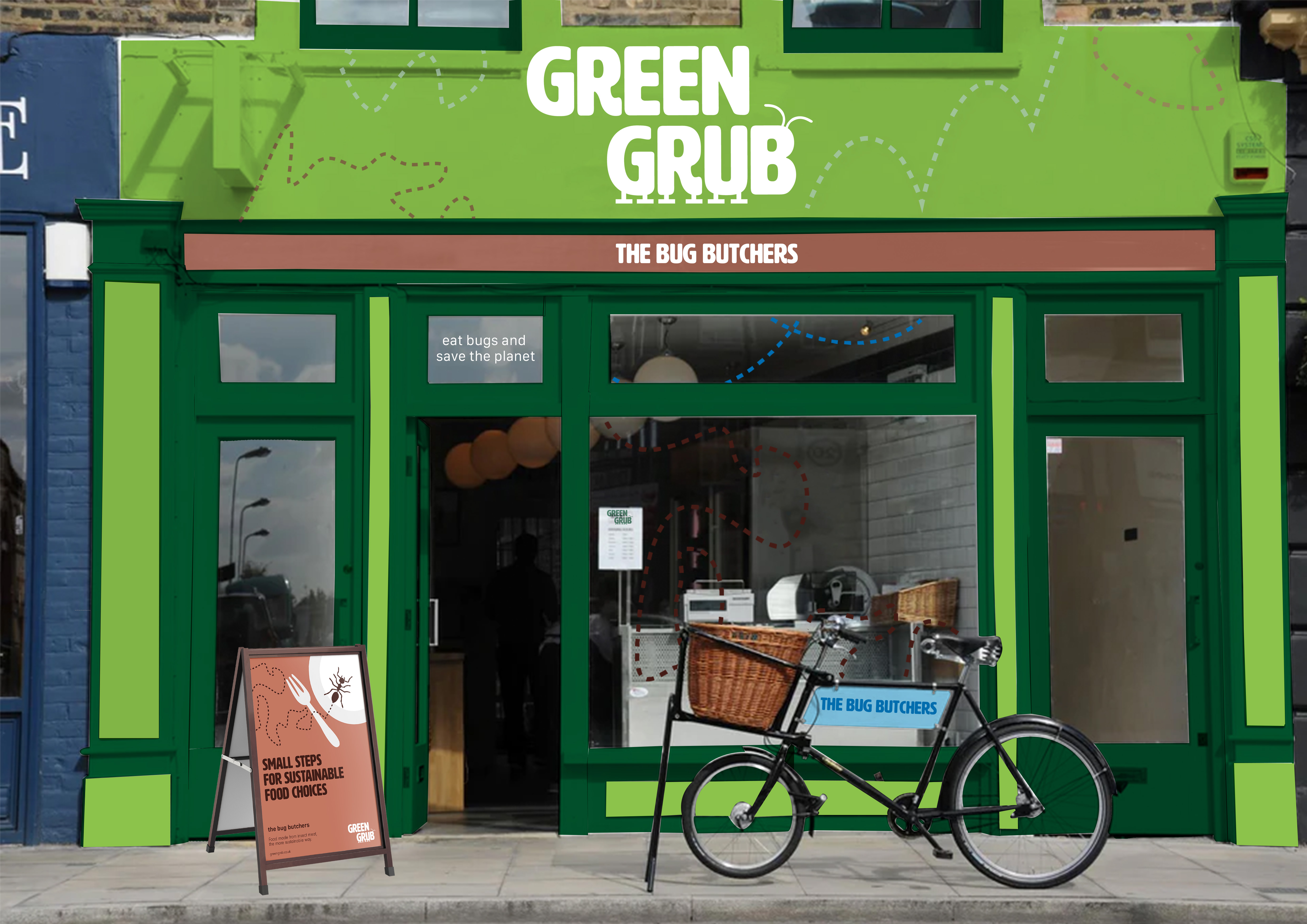 Green Shop design with 'Green Grub' shop name in white by Lauren Kerr showing the bright friendly identity