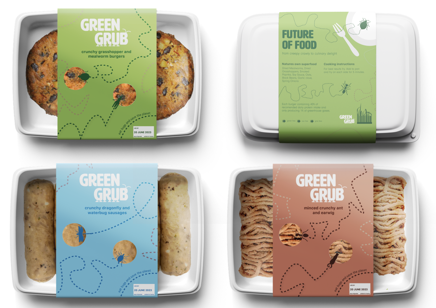 Graphic design work by Lauren Kerr showing the packaging design for the butchers bug meat, colourful labels with logo at top and circular windows showing food.