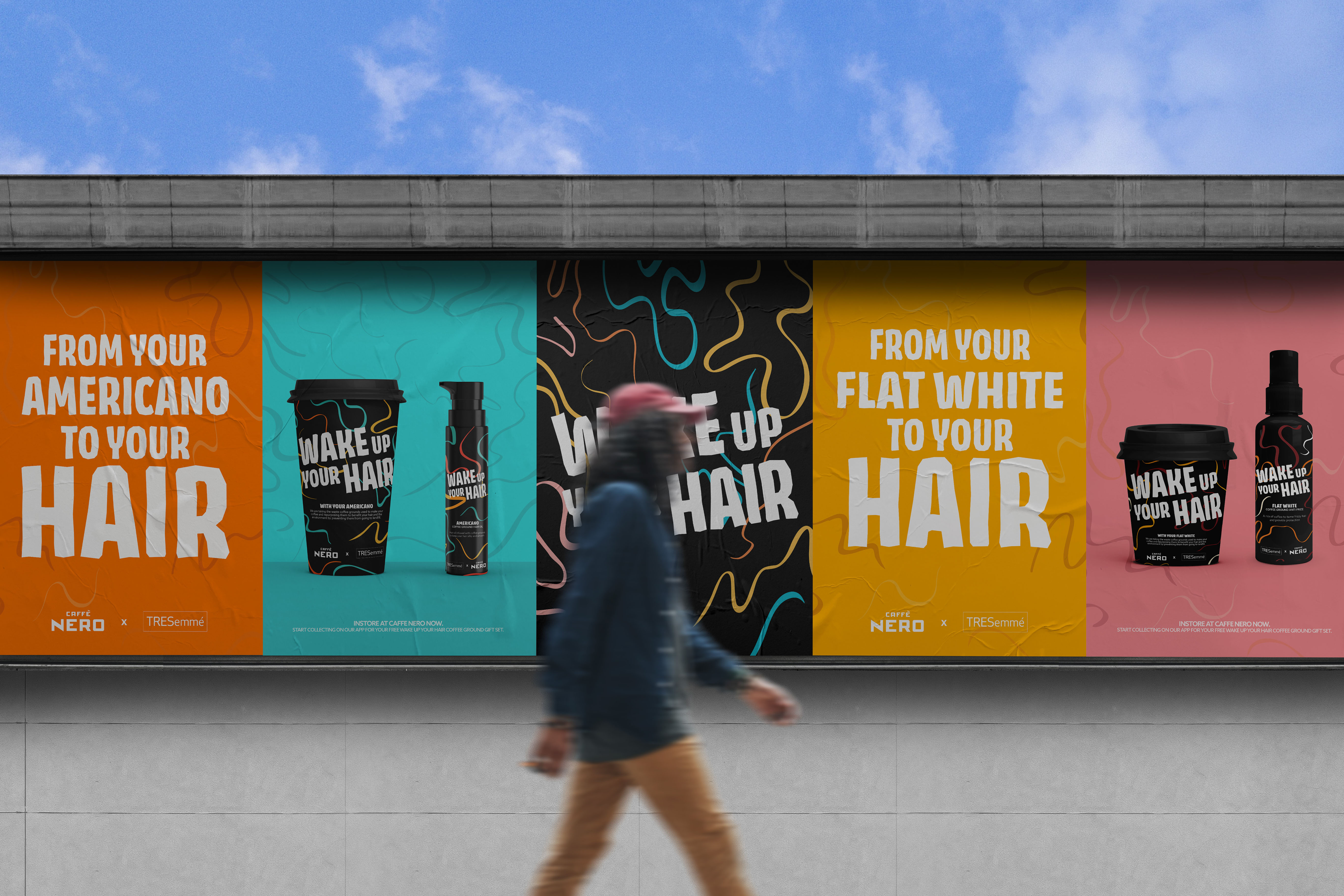 Graphic Design work by Lauren Kerr showing colour posters for Wake Up Your Hair with white type on some and product images on others.