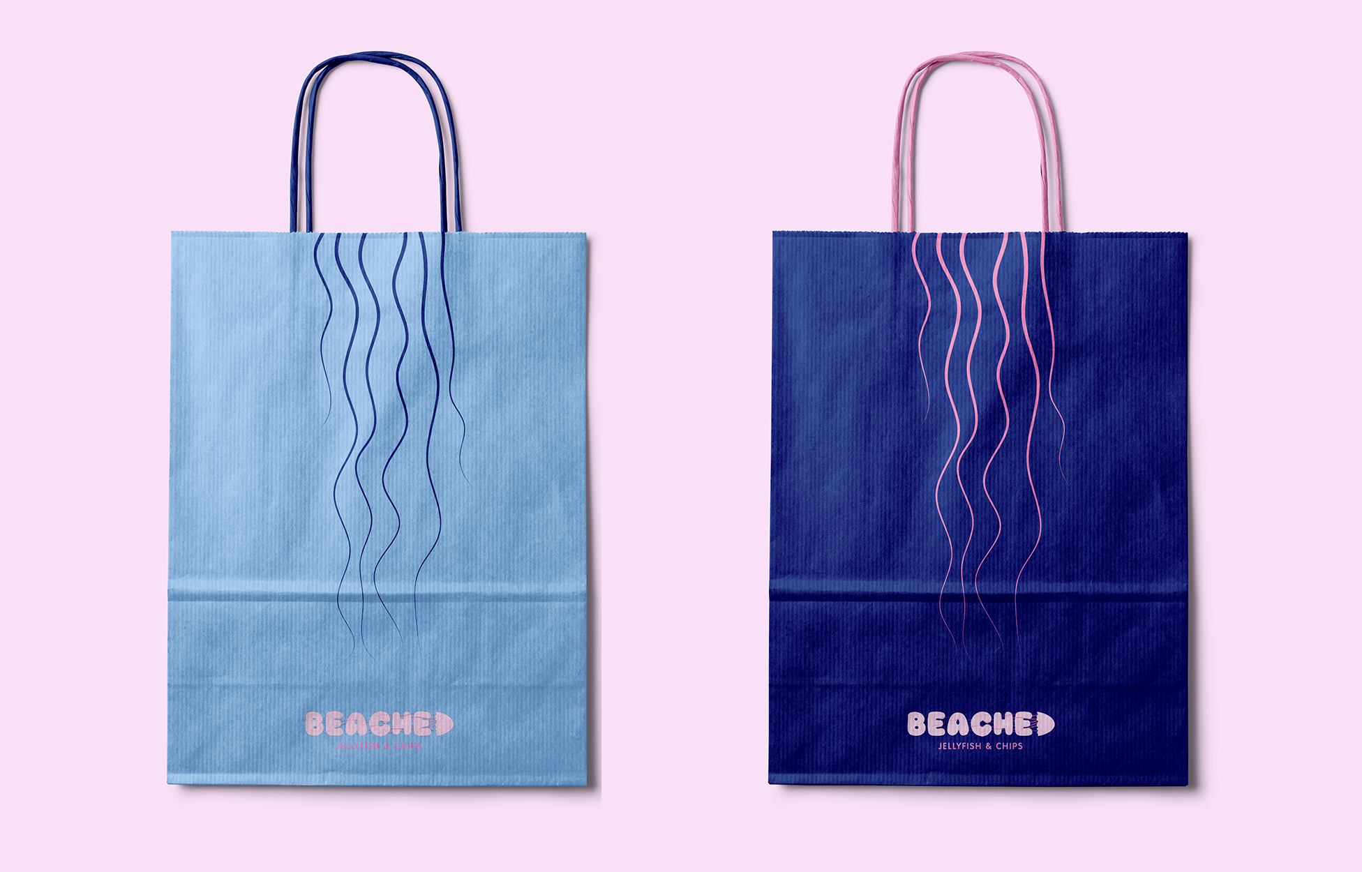 The blue paper takeaway bag incorporates the jellyfish by showing tenticle lines below handle making handle look like body of the jellyfish. Brand name at bottom of bag.