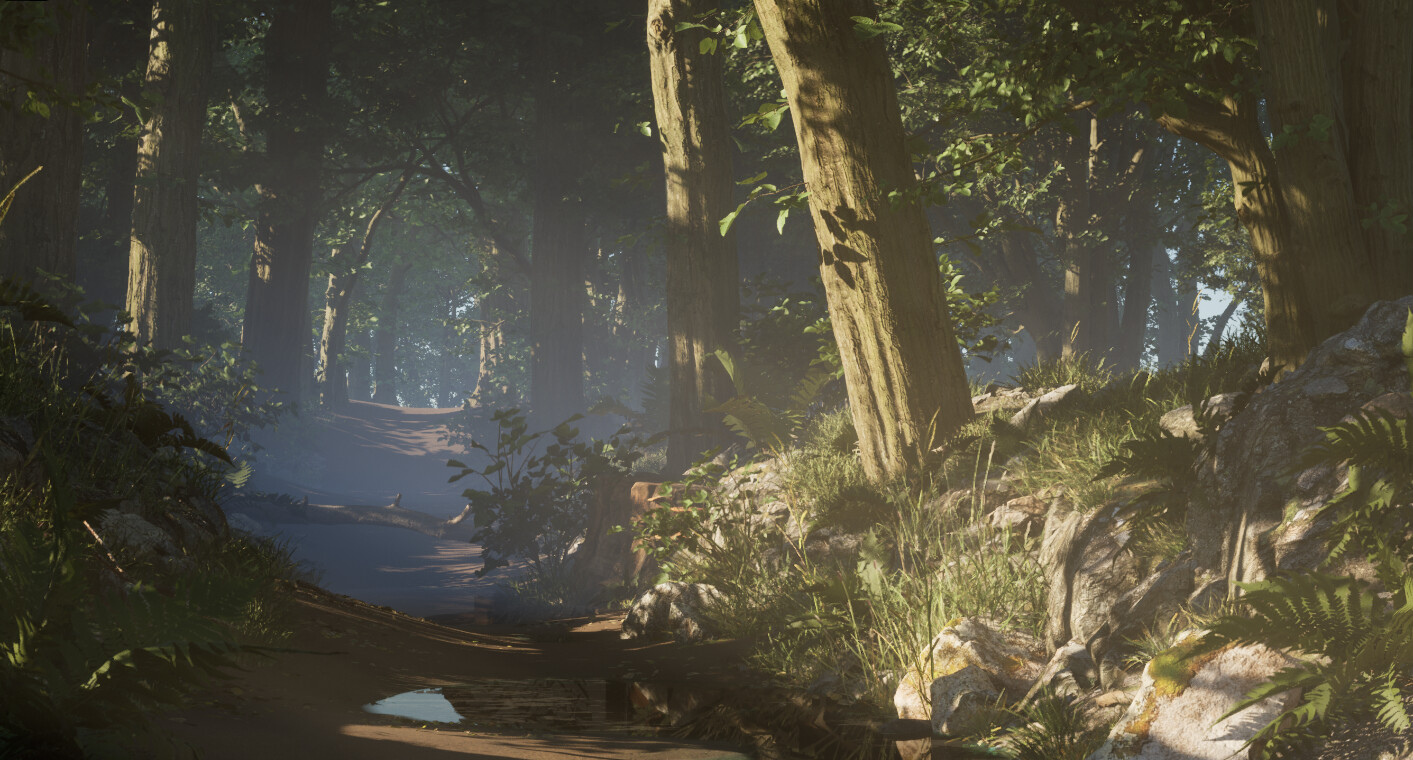 A 3D forest environment with dappled light by Lauren Winter.