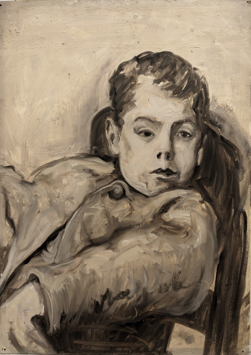 Oil Painting by Laurie Mason showing a male child sat in a chair