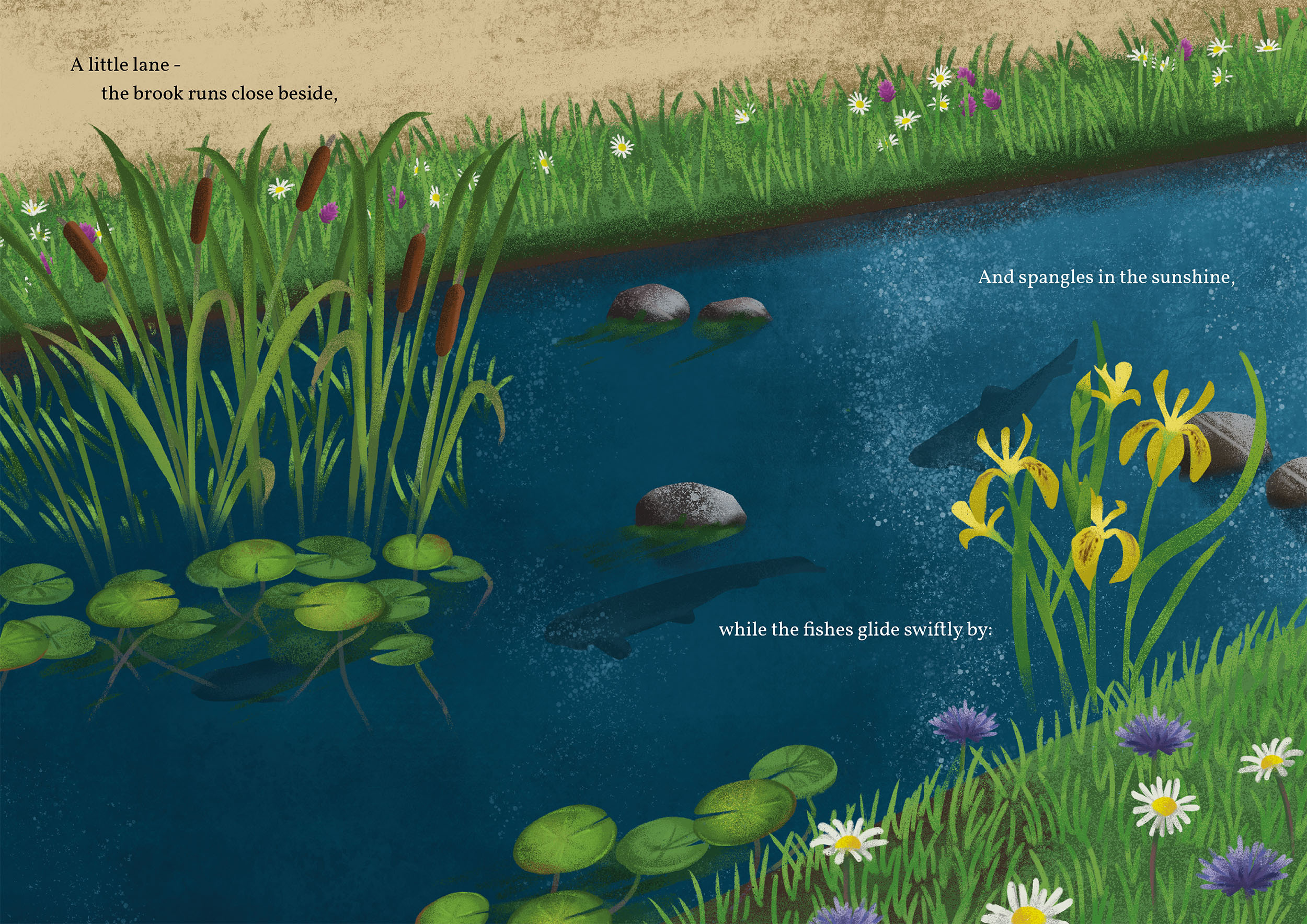 Illustrated spread of the first stanza of John Clare's 'On a Lane in Spring'. Showing a river and some fish.