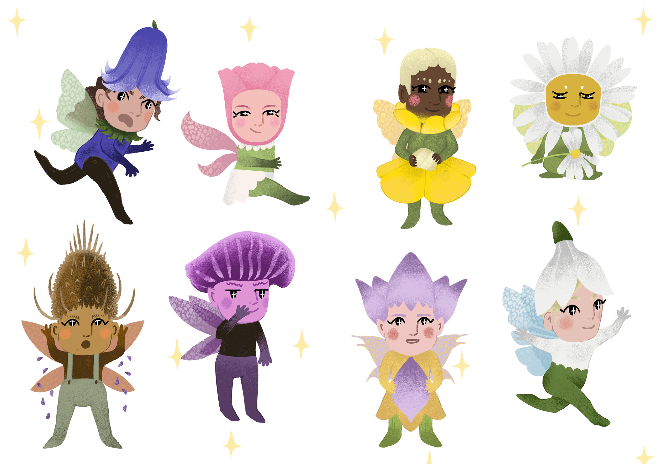 Character Designs of fairies each representing their flower and season.