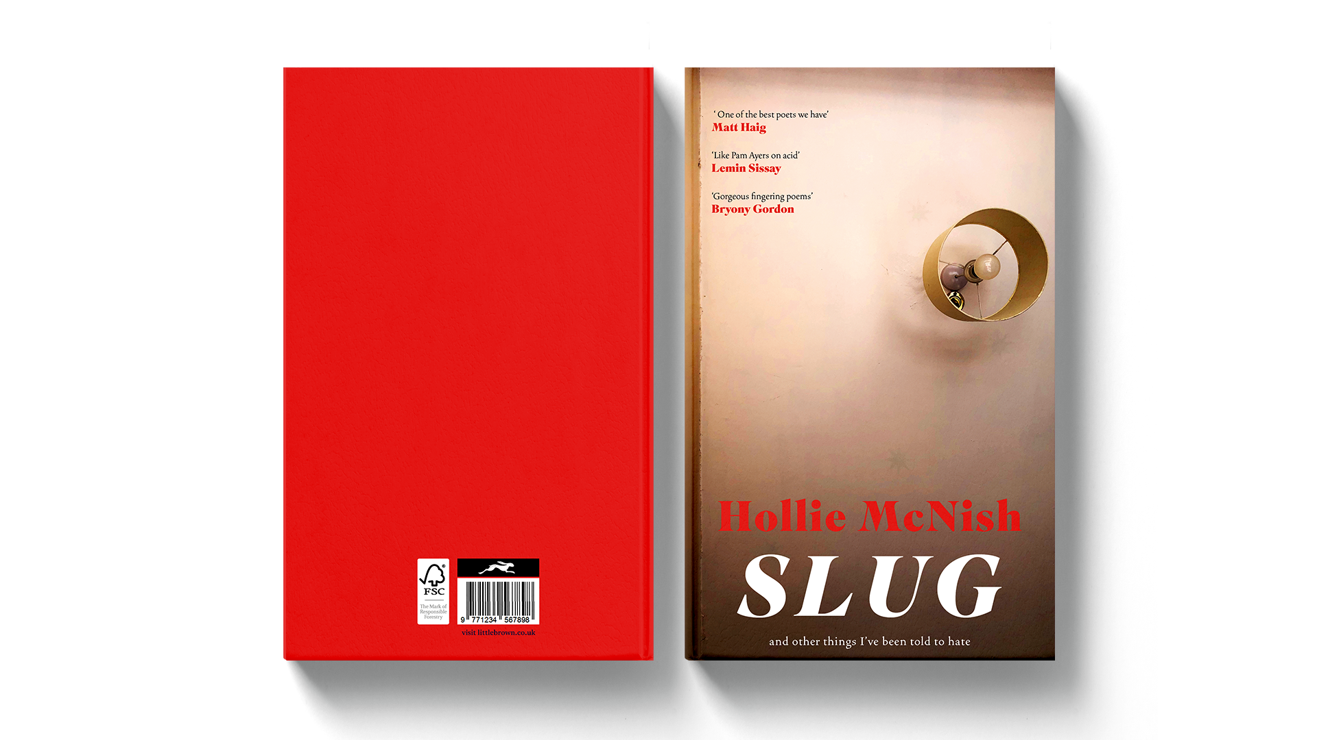 Front and back book cover by Lilith Onyett showing a photo of a light fixture on a ceiling on the front cover and a bold red colour on the back cover.