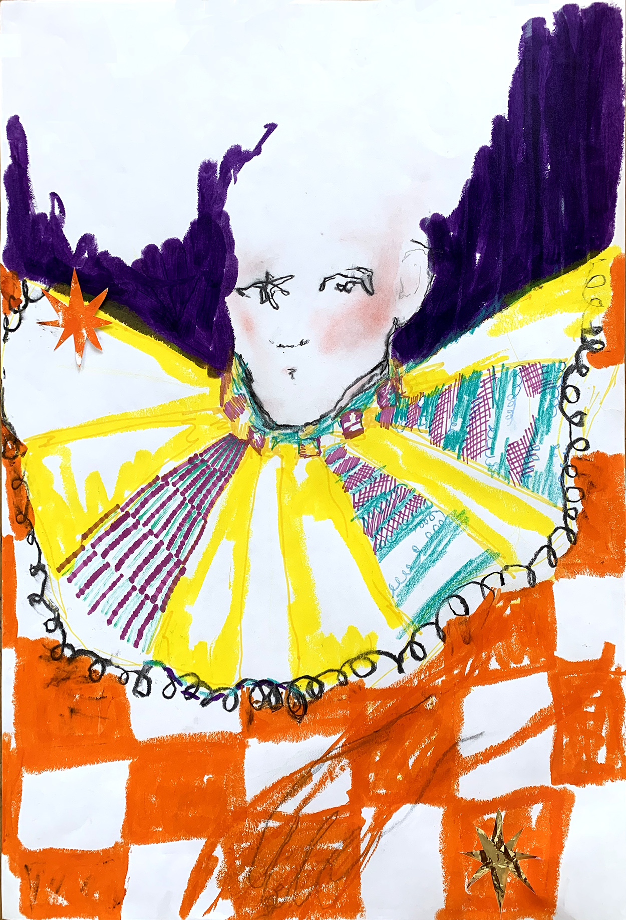 Fashion illustration exploring identity through costumery- Mixed Media. A makeup clad bald person wears a brightly coloured elizabethan ruff with connotations of early clowning, costumery and bizarre maximalism.