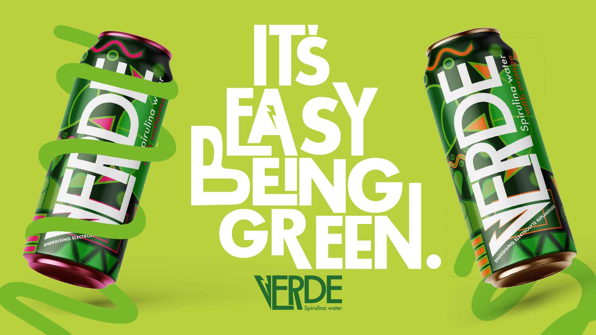 Graphic design work by Lois Brandon showing bright green drinks packaging mocked up onto two cans with type 'It's Easy Being Green' in centre with Verde logo below.