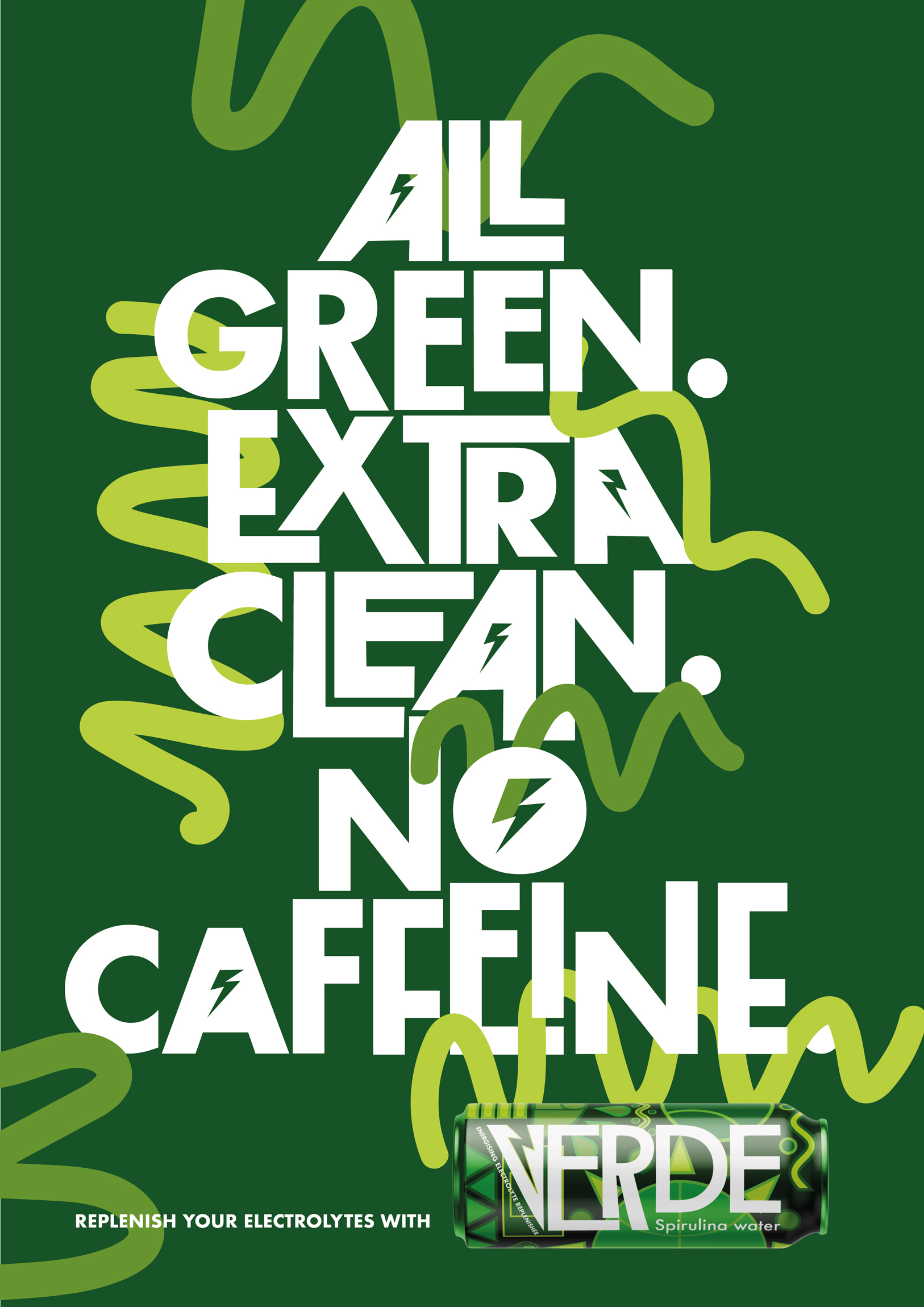 Poster by Lois Brandon showing catchy copy ' All Green Extra Clean No Caffeine' in a playful white typeface on dark green background with colourful green squiggles.