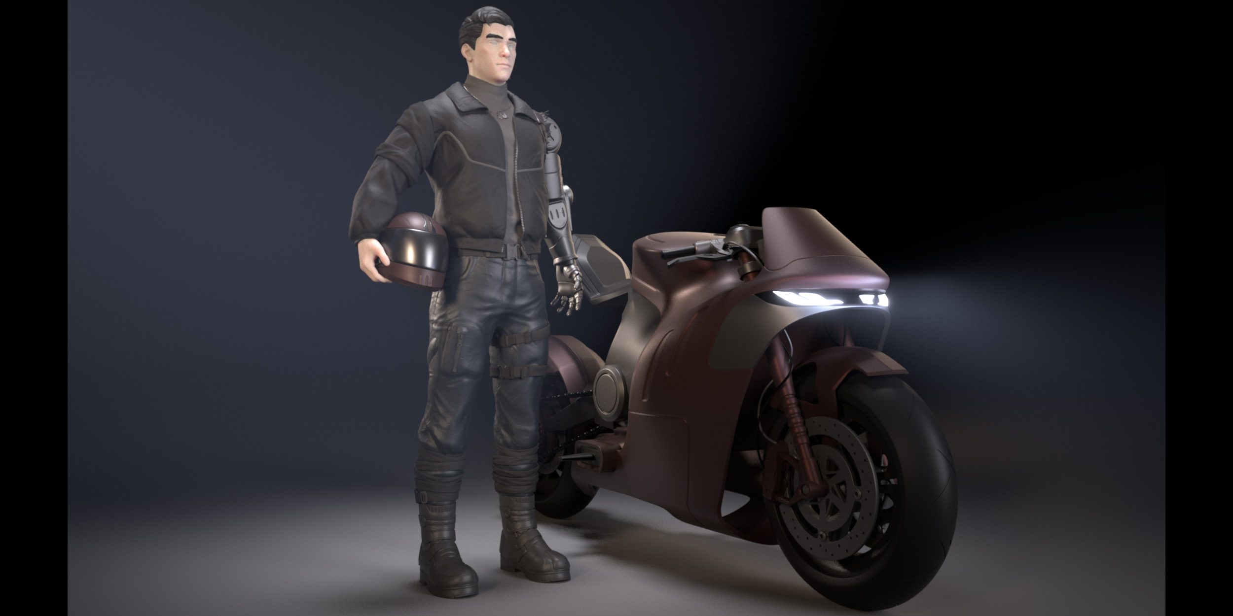 A render of a character holding a helmet standing next to a motorcycle.