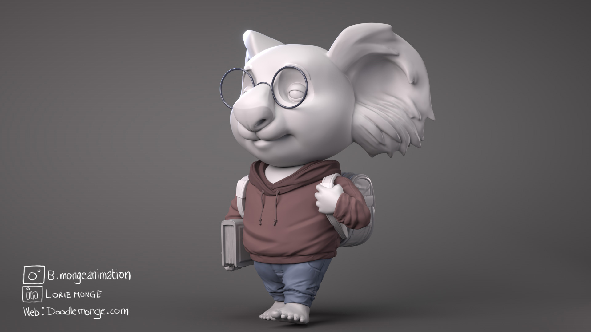 A stylised Koala character render. Wearing round glasses, a red hoodie and blue jeans. Holding a book and a backpack.