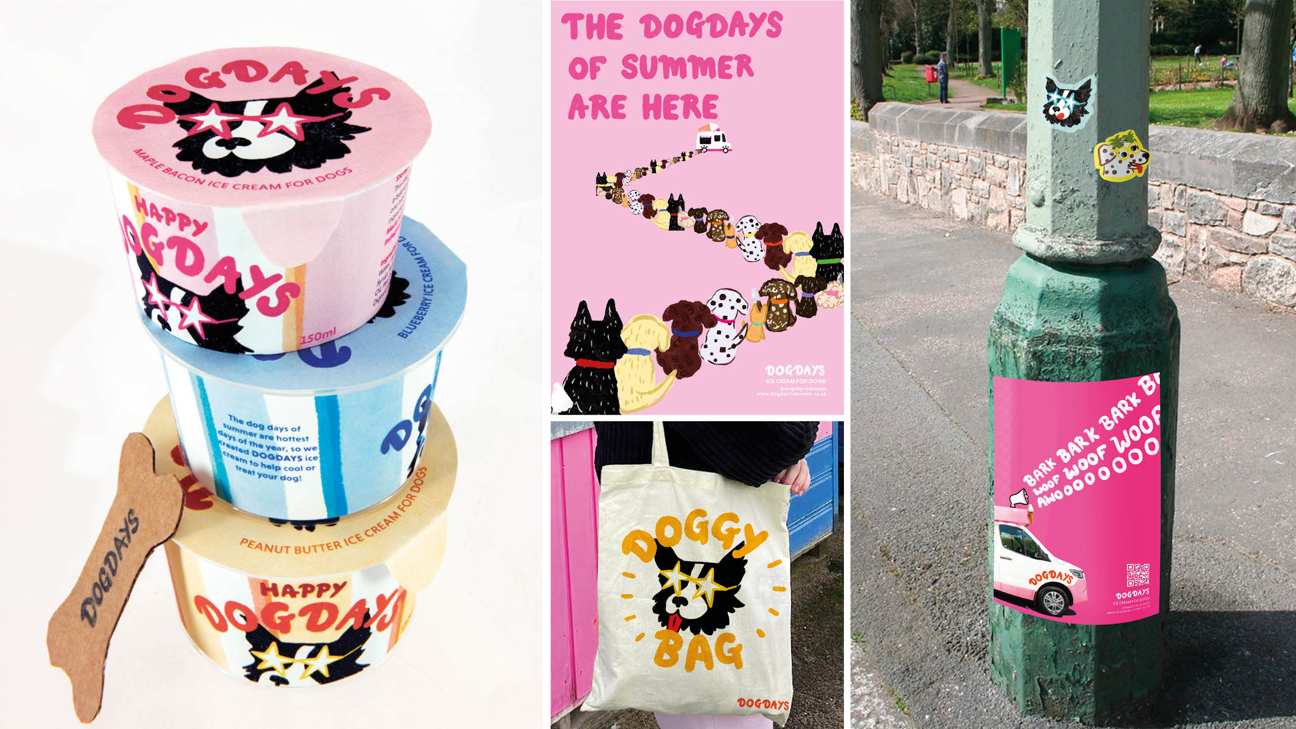Brand extensions for Dog Days ice cream for dogs by Louise Awcock, showing posters, tote bag and packaging.
