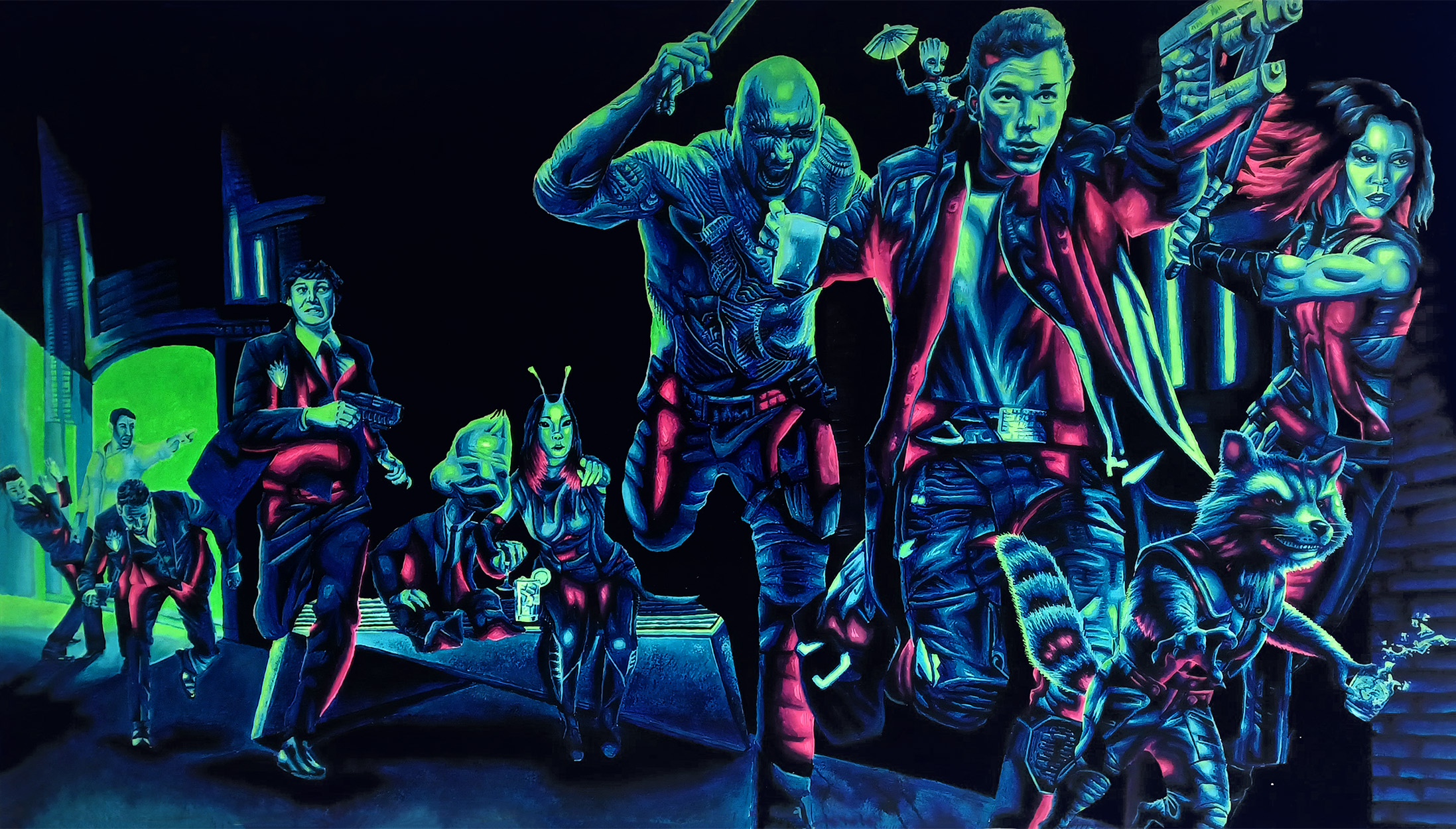 Acrylic Painting detailing the Guardians of the Galaxy escaping from a bar, chased by henchmen
